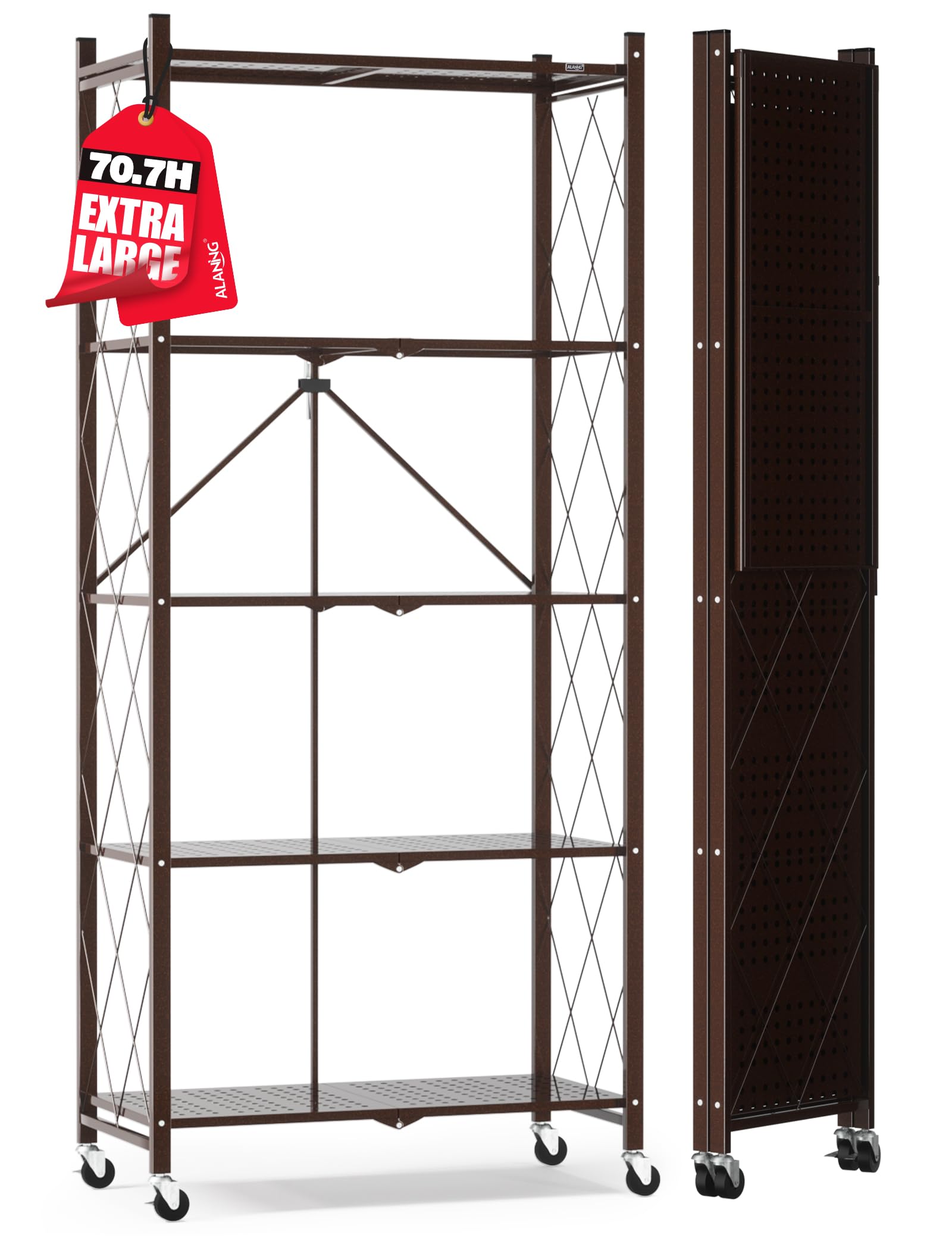 ALANNG 70.7 H Metal Storage Shelves, 5 Tier Folding Shelf on Wheels, Heavy Duty, No Assembly, Rolling, Collapsible Rack Unit for
