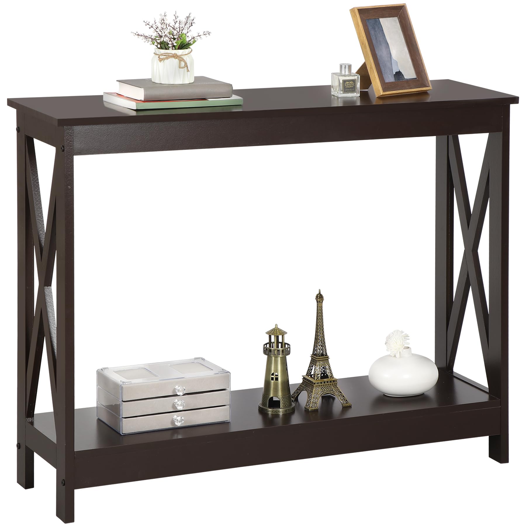 SUPER DEAL 2-Tier Narrow Console Sofa Side Table for Entryway/Hallway/Living Room, 39.3in L x 11.8in W x 31.6in H, Espresso