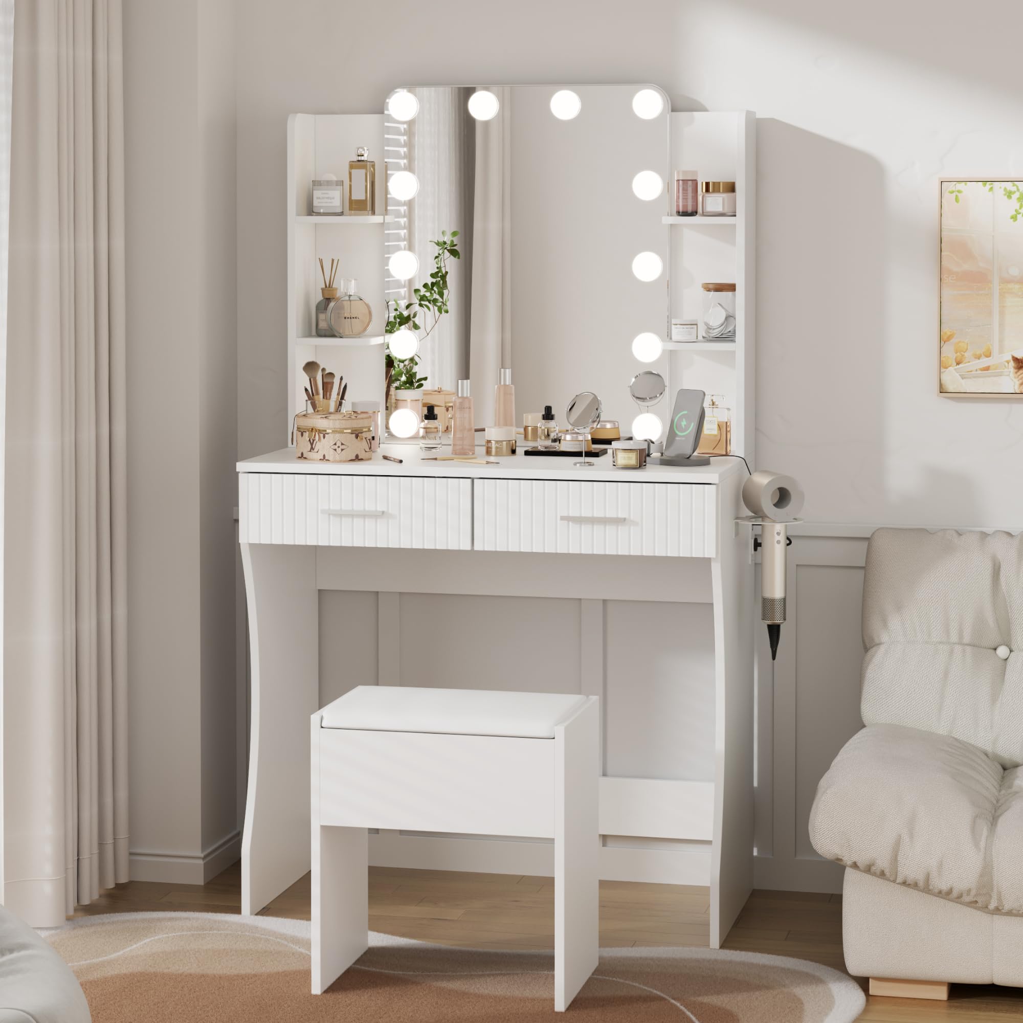 Otterease Vanity Desk with LED Lighted Mirror, Makeup Vanity with 3 Adjustable Lights, 2 Large Drawers and 4 Open Shelves, Vanit