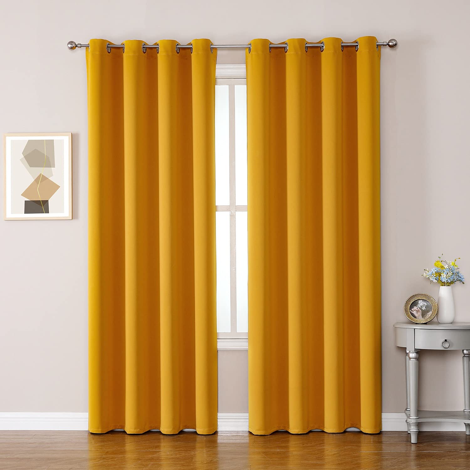 ChrisDowa Grommet Room Darkening Curtains for Bedroom and Living Room - 2 Panels Set Thermal Insulated Blackout Curtains (Mustar