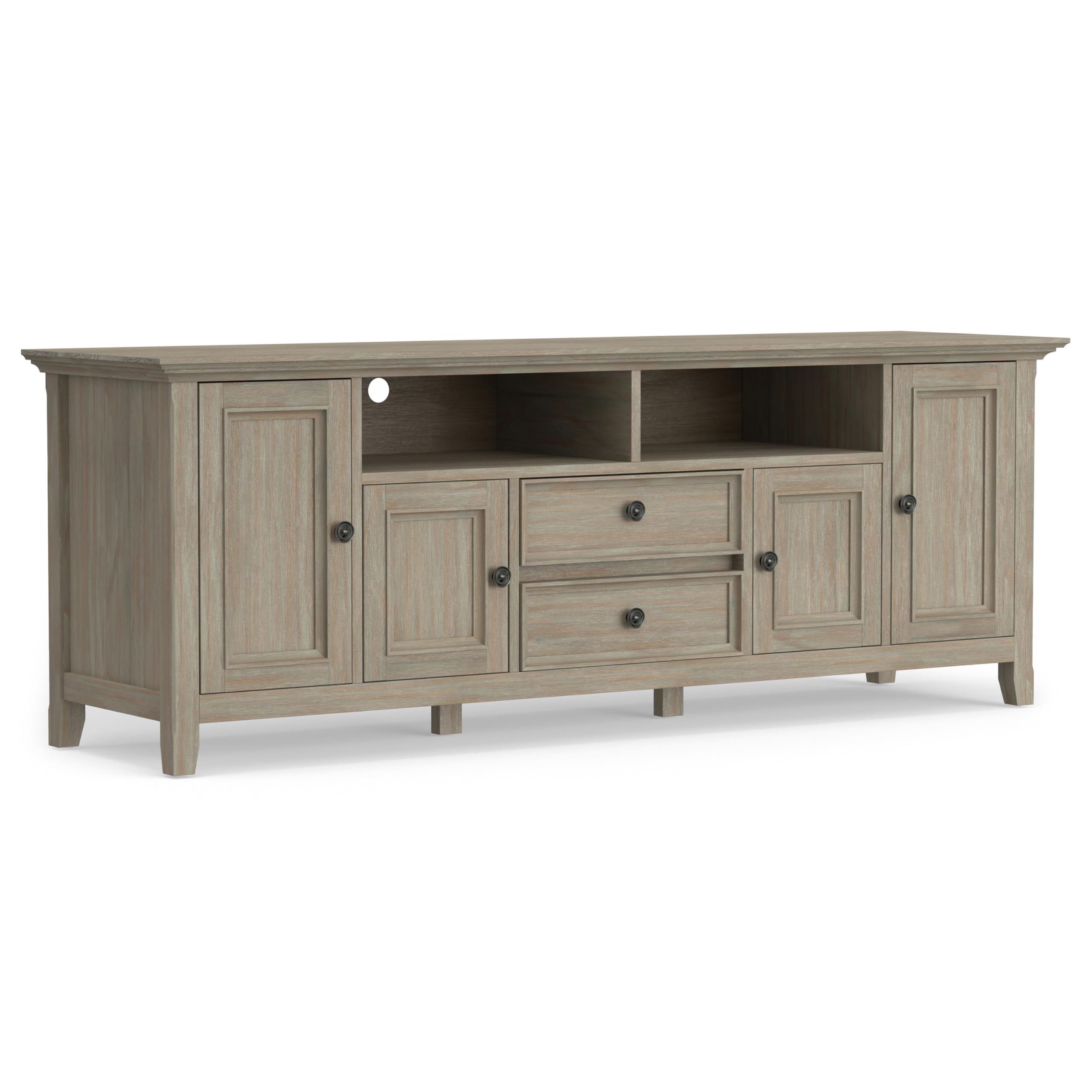 SIMPLIHOME Amherst 72-inch Wide Solid Wood TV Stand in Distressed Grey Transitional-Style Media Console for Living Room with Cab