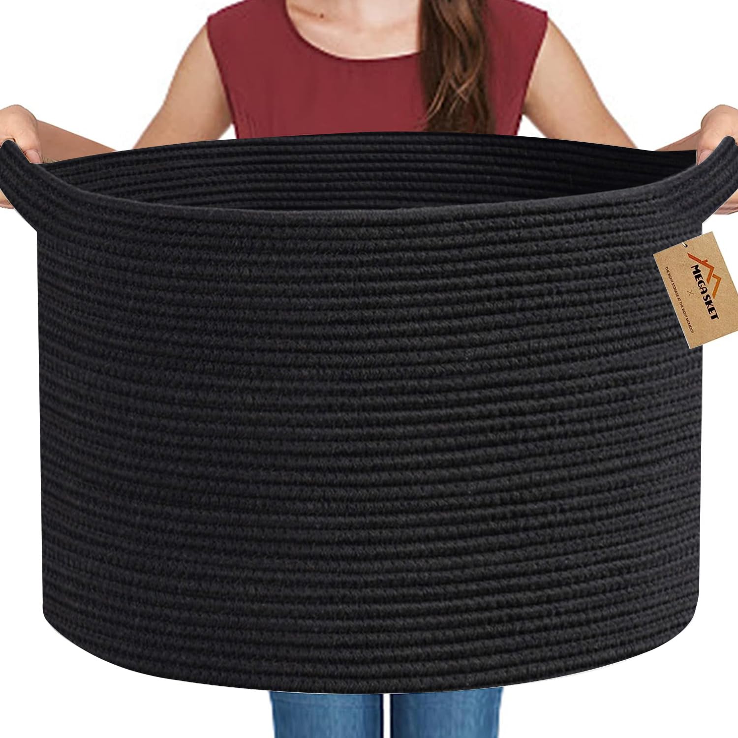 MEGASKET Large Black Blanket Basket, 22 X 22 X 14 Woven Rope Baskets for Storage, Kids Dog Toy Storage Baskets Organizer Bins, B