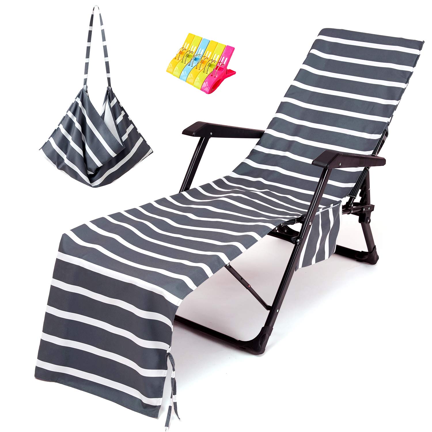 VOCOOL Beach Chair Towel Chaise Lounge Cover with Pockets Pool Chair Towel for Outdoor Patio Garden-Gray