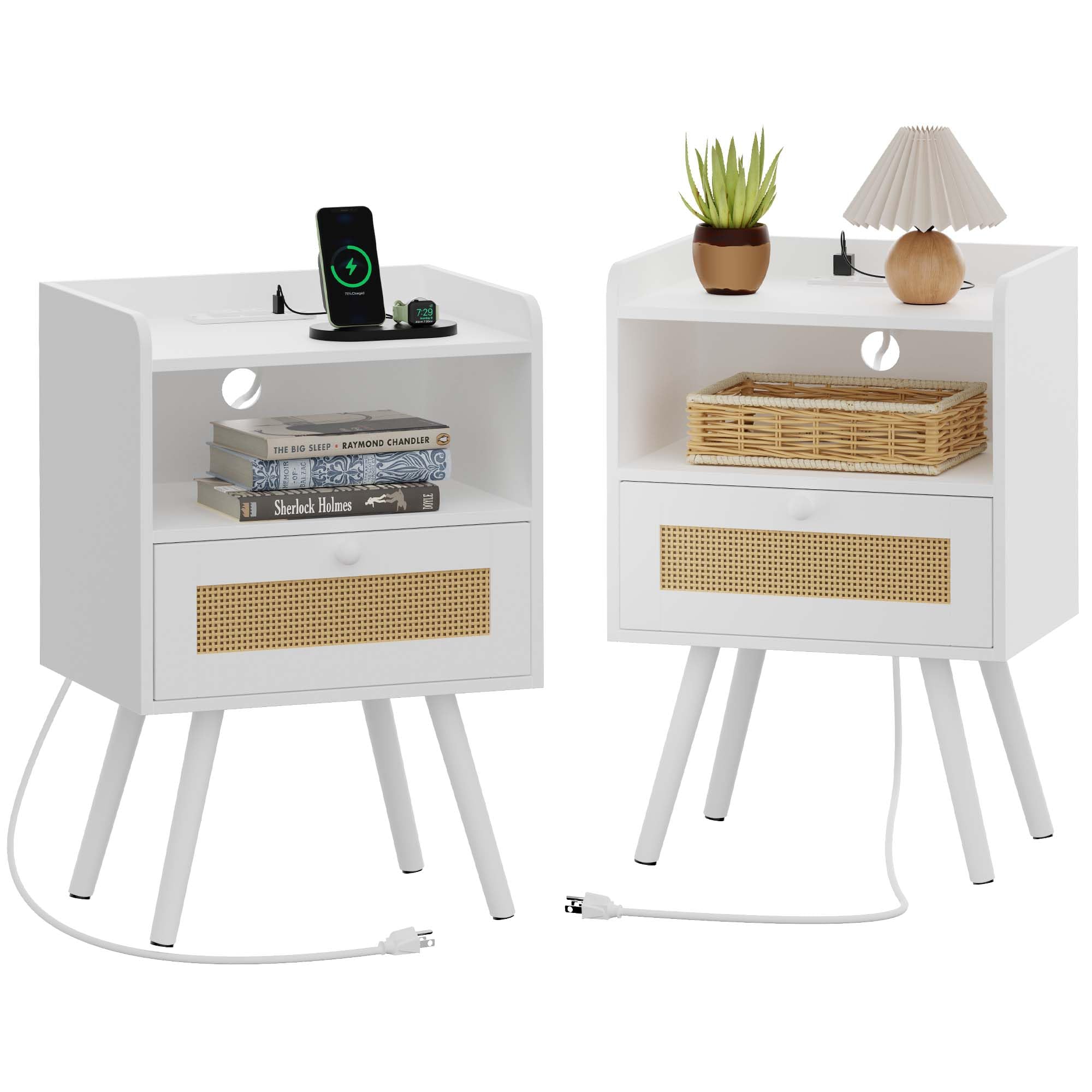 SUPERJARE Nightstands with Charging Station, Bedside Table Set of 2 with PE Rattan Drawers, Rattan Side Table with Storage & Sol