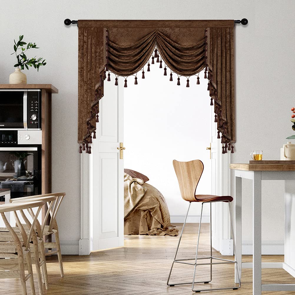 ELKCA Thick Chenille Window Curtains Valance for Living Room Chocolate Waterfall Valance for Bedroom,1 Panel (Chocolate, W59)