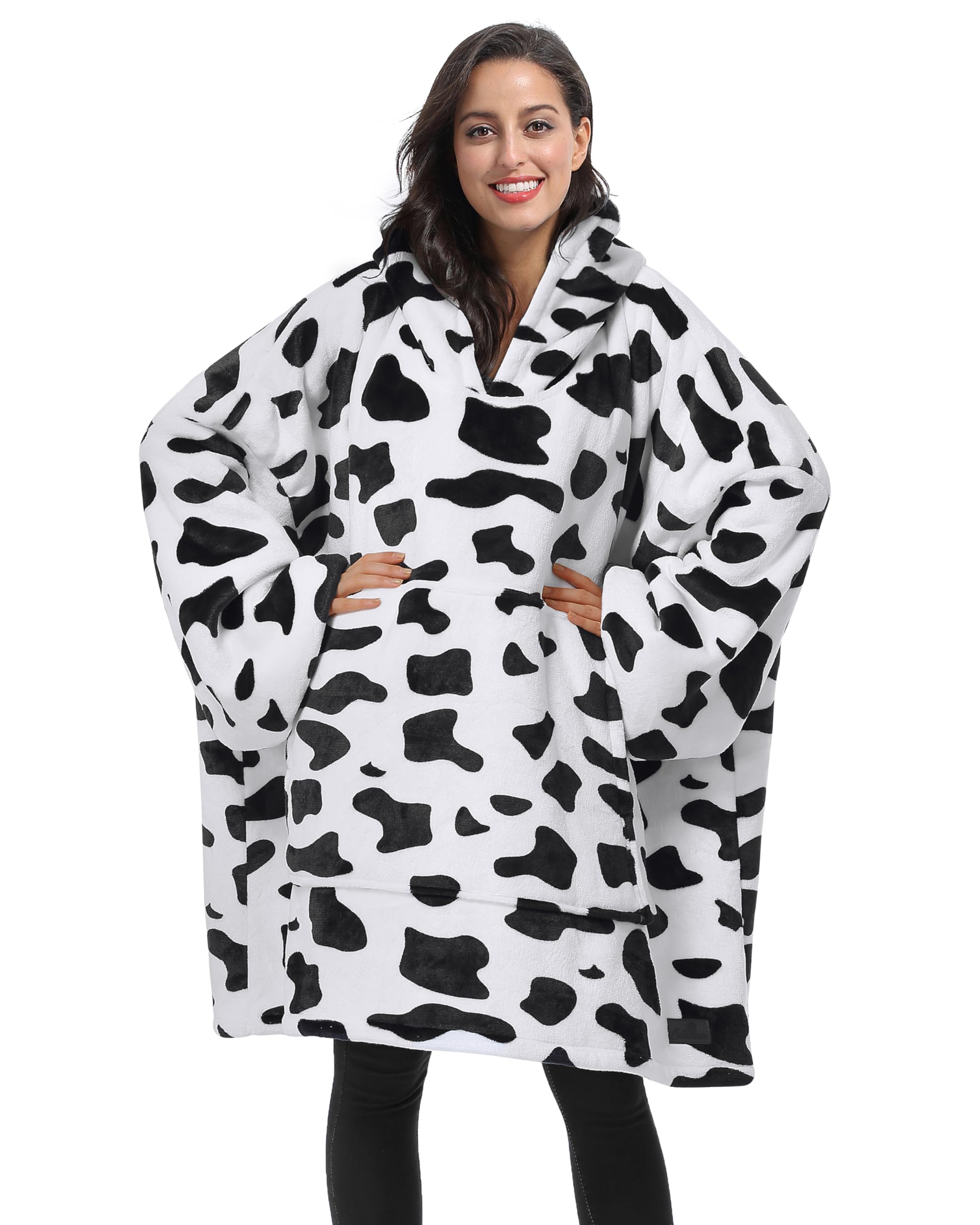 Cow Printed Oversized Hoodie Blanket Sweatshirt Pullover Sherpa Giant Wearable Blankets Gift for Adults Women Teenagers Wife Gir