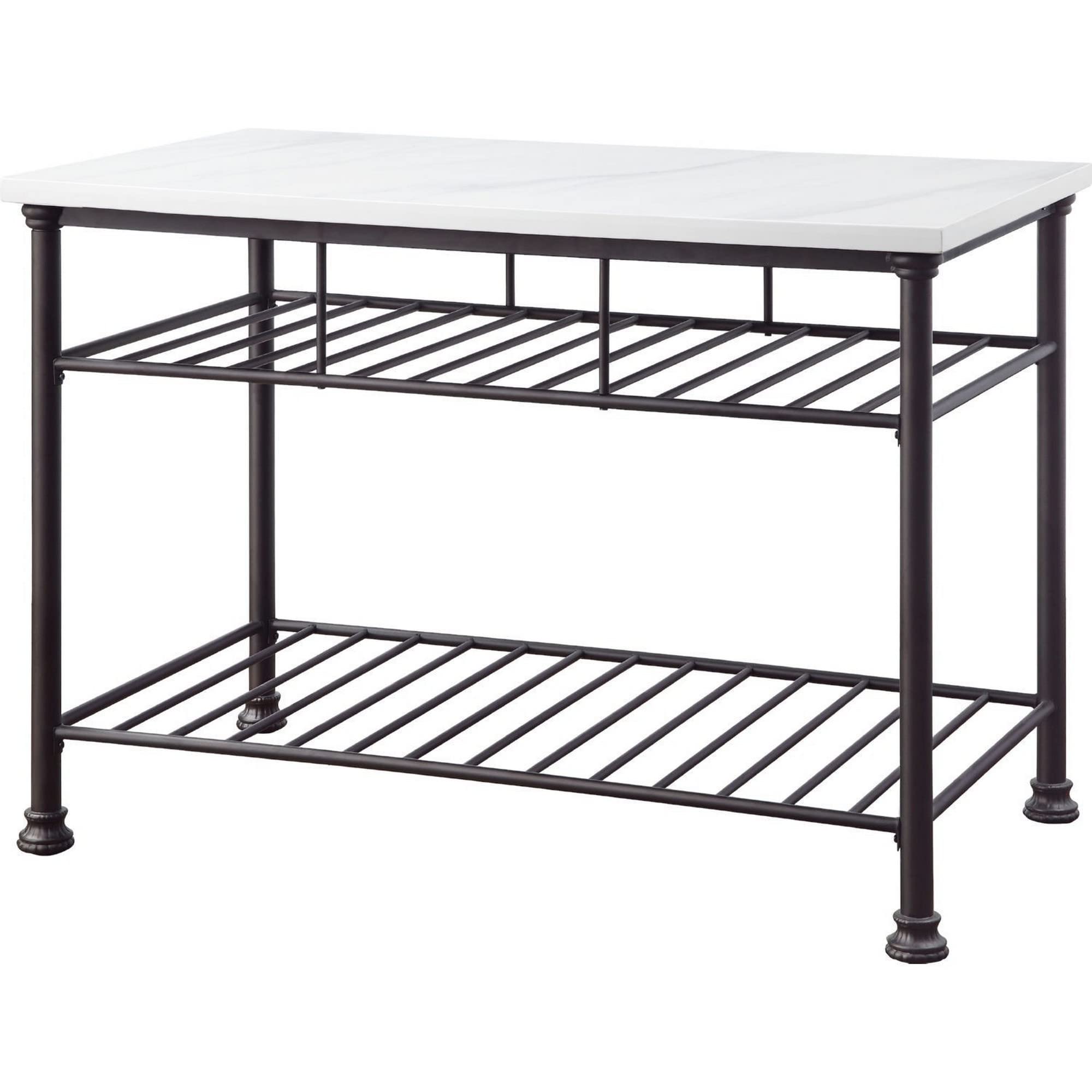 Benjara Kitchen Island with Artificial Marble Top and 2 Slatted Shelf, White