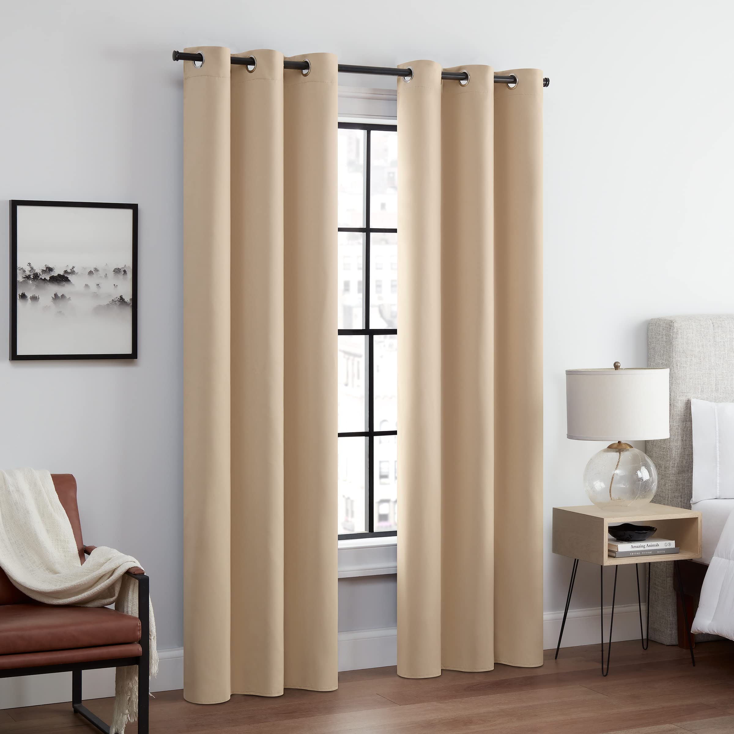 ECLIPSE Andover Solid Tripleweave Thermal Blackout Grommet Curtains for Bedroom (2 Panels), 42 in x 63 in, Beige