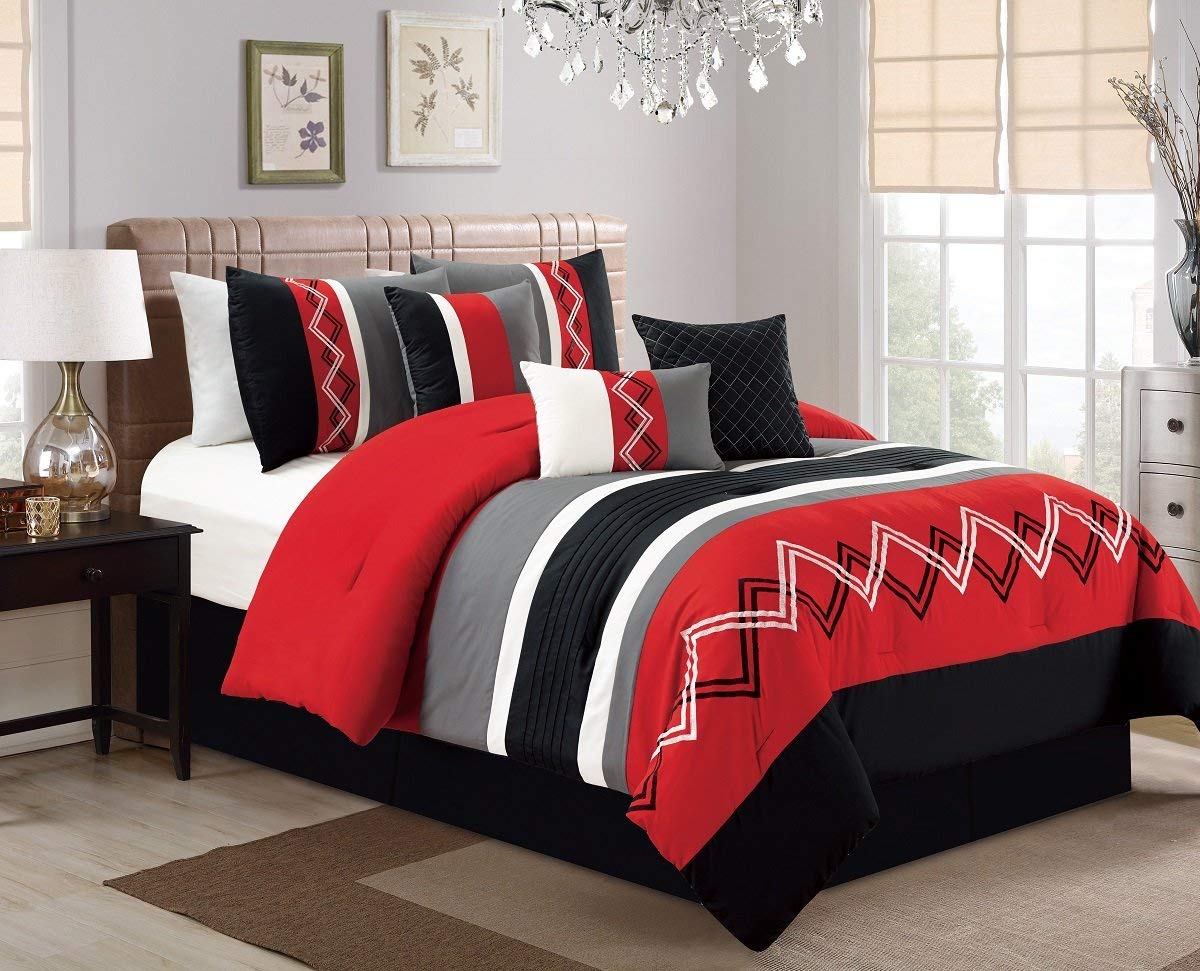Chezmoi Collection Arden 7-Piece Modern Pleated Stripe Embroidered Zigzag Bedding Comforter Set (Full, Red/Black/Gray/Off-White)