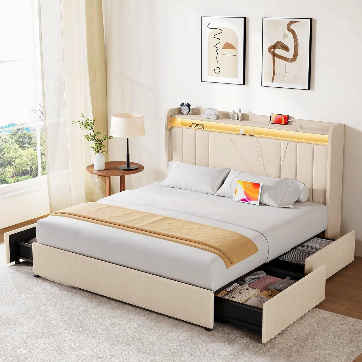 koorlian Full Size Upholstered Bed Frame with 4 Storage Drawers and 51 Tall Headboard Wingback Platform Bed Frames with RGB LE