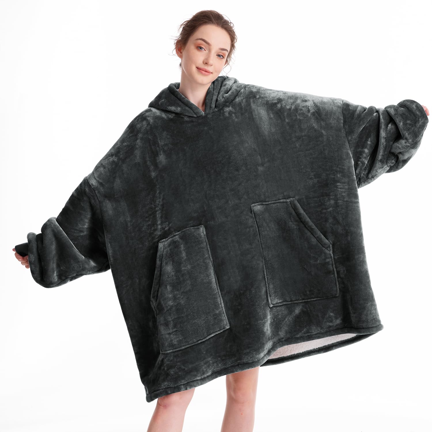 Aemicion Blanket Hoodie for Adults,Cozy Warm Thick Sherpa Wearable Hoodie Blanket sweatshirt as Gifts for Men Women-Grey
