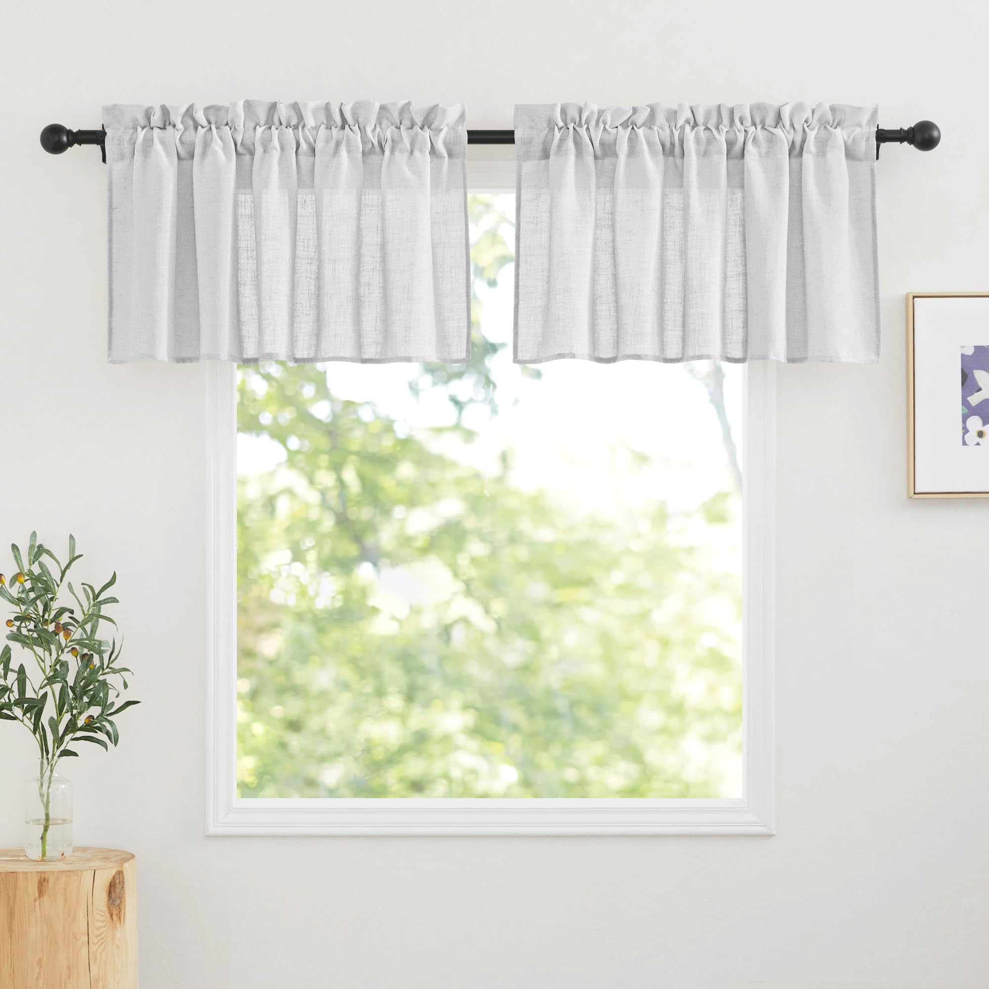 RYB HOME Linen Curtain Tiers for Bedroom Window Treatment, Rod Pocket Valance Set for Bathroom Hazy Sheer for Privacy Protect, D