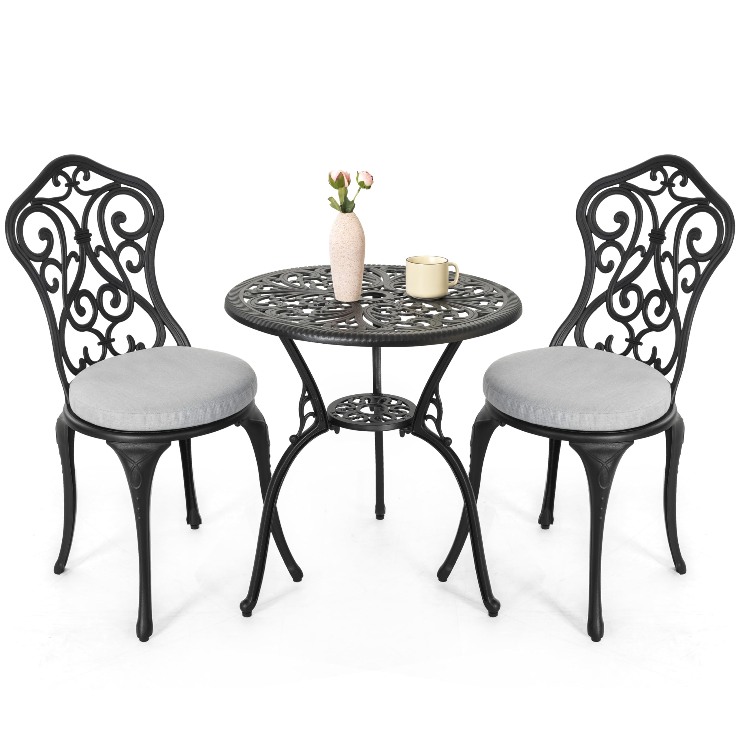 NUU GARDEN 3 Piece Outdoor Bistro Table Set, All Weather Cast Aluminum Patio Bistro Sets Patio Table and Chairs Set of 2 with Um