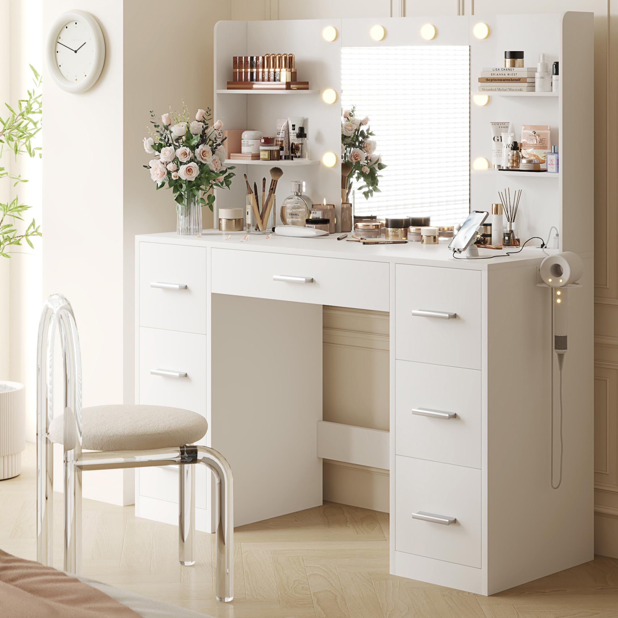 YESHOMY Vanity Desk with Mirror, Power Outlet and 10 Lights, Makeup Table with 7 Drawers, 3 Color Modes Available for Bedroom, W