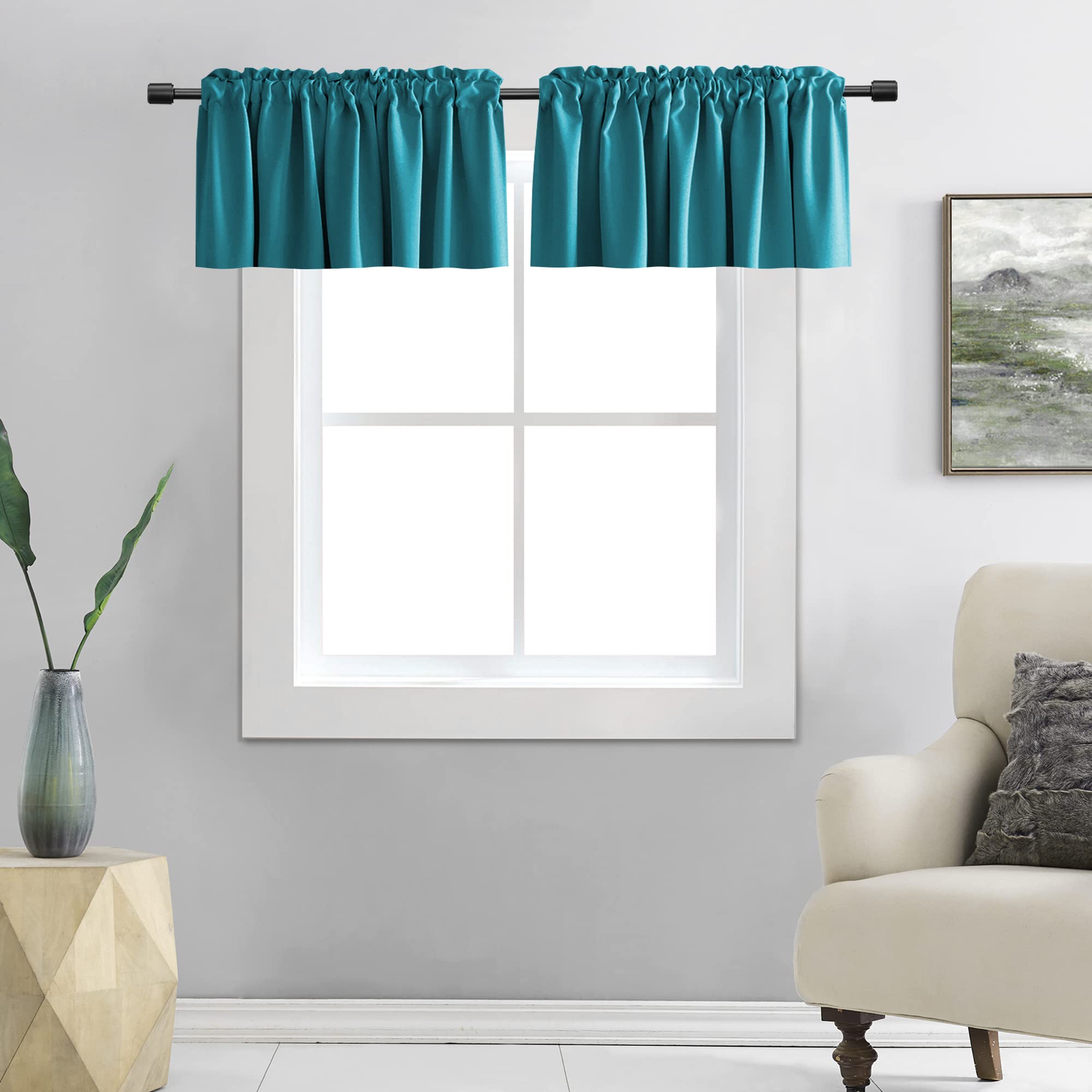 DONREN 12 Inches Long Valances for Windows - 2 Panels Blackout Window Valances for Basement with Rod Pocket (Teal,42 Inches Wide