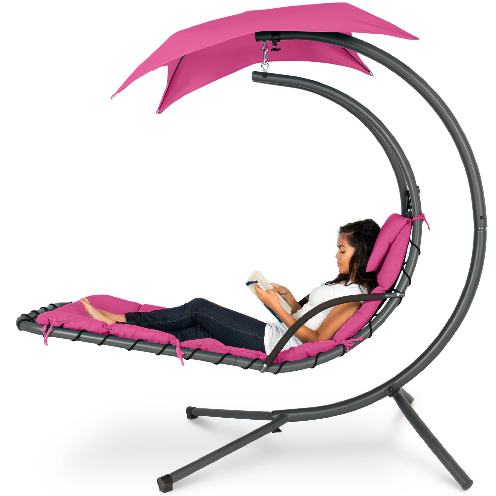 Best Choice Products Outdoor Hanging Curved Steel Chaise Lounge Chair Swing w/Built-in Pillow and Removable Canopy - Pink