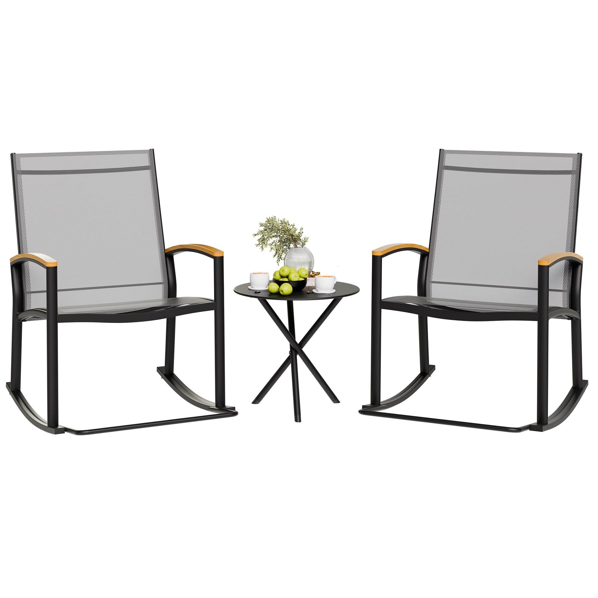 Shintenchi 3 Piece Outdoor Rocking Bistro Set, Textilene Fabric Small Patio Furniture Set, Front Porch Rocker Chairs Conversatio