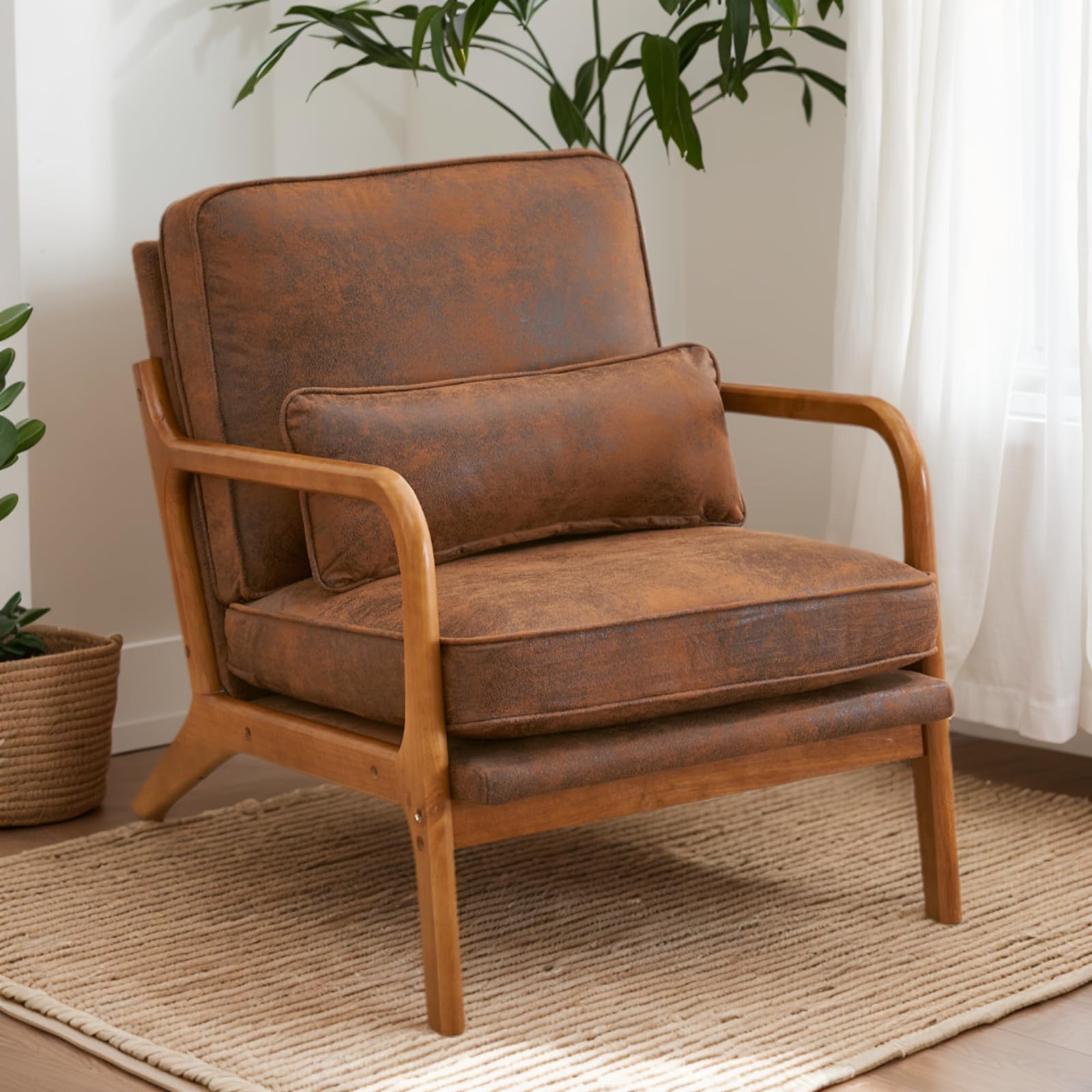 Karl home Accent Chair Mid-Century Modern Chair with Pillow Upholstered Lounge Arm Chair with Solid Wood Frame & Soft Cushion fo