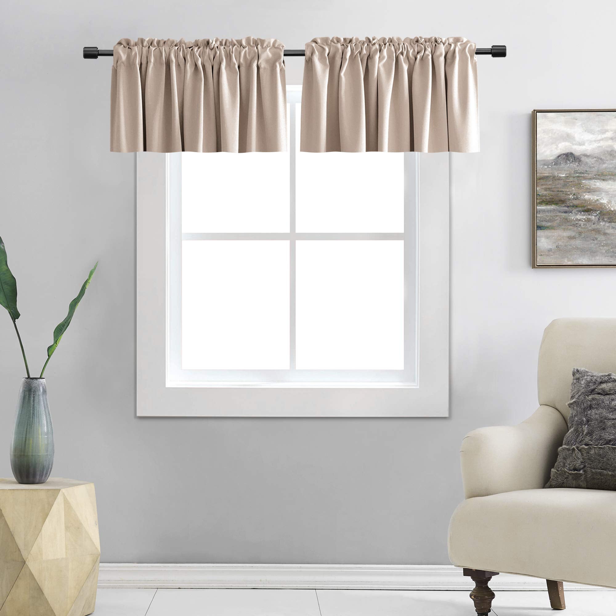 DONREN 2 Pack Blackout Window Valances for Basement with Rod Pocket -12 Inches Long Valances for Windows(Warm Taupe,42 Inches Wi