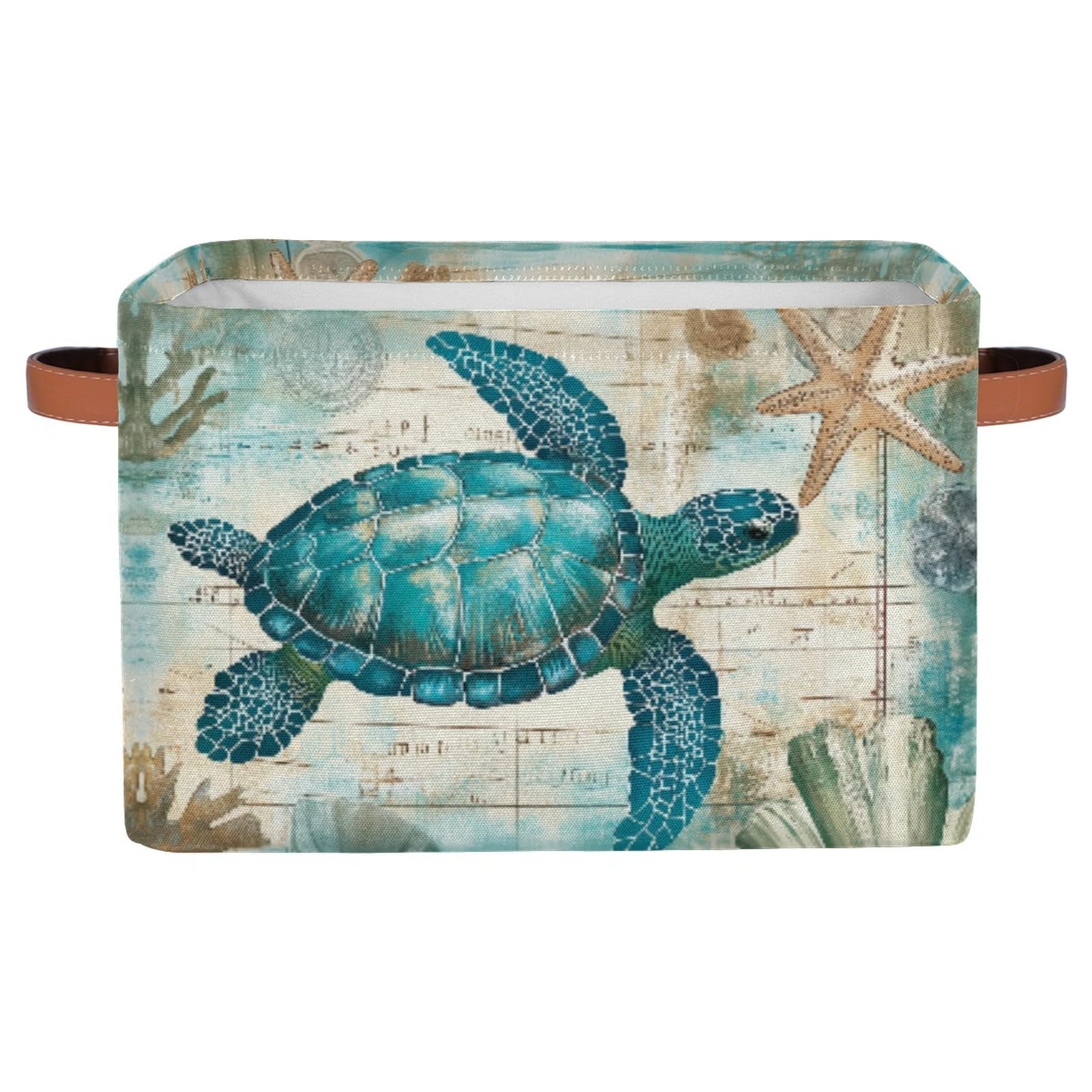 Sea Turtle Retro Map Storage Basket Bin Nautical Ocean Starfish Large Fabric Toys Storage Cube Box with Handles Collapsible Clos