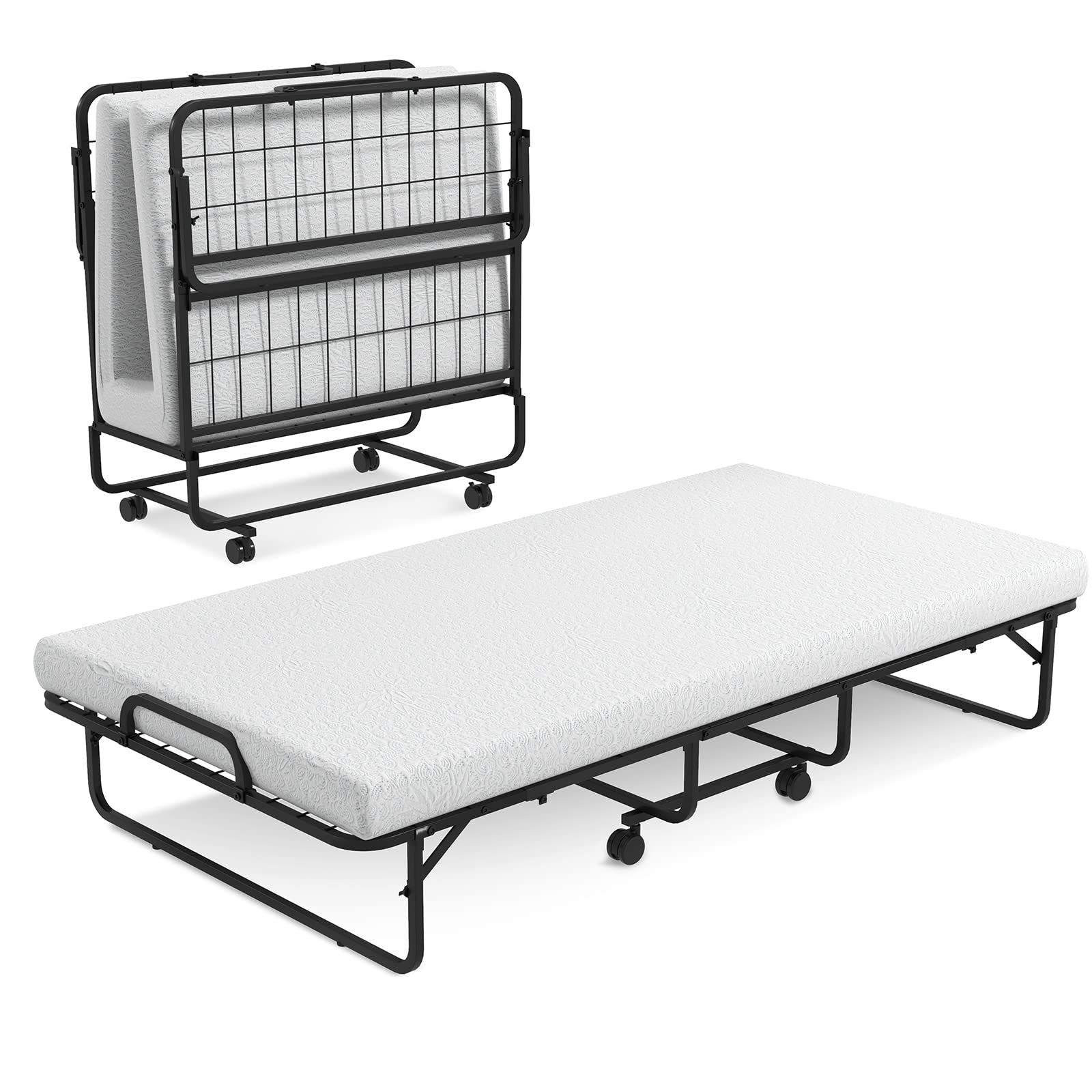 Giantex Folding Bed with 4 Mattress for Adults, Twin Size Rollaway Guest Beds w/Sturdy Metal Frame & Memory Foam Mattress, Easy 