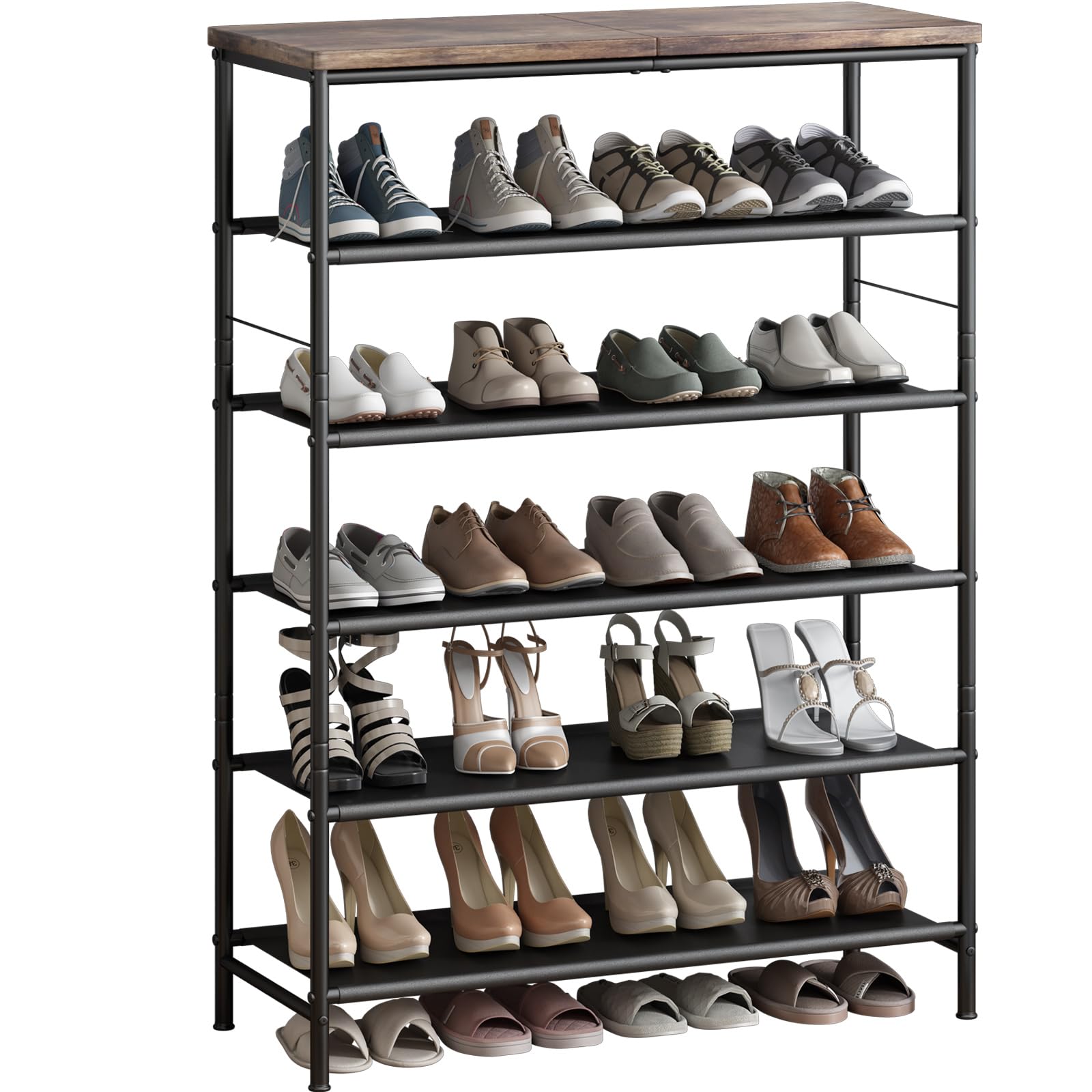 INGIORDAR Shoe Rack Organizer 6 Tier Metal Organizer Shelf with Industrial MDF Board and Layer Fabric for Entryway Closet Bedroo