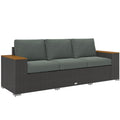 Outsunny 3-Seat Outdoor Patio Sofa with Cushions, PE Rattan Wicker Sofa with Wood Grain Wide Armrests, Outdoor Wicker Couch for 