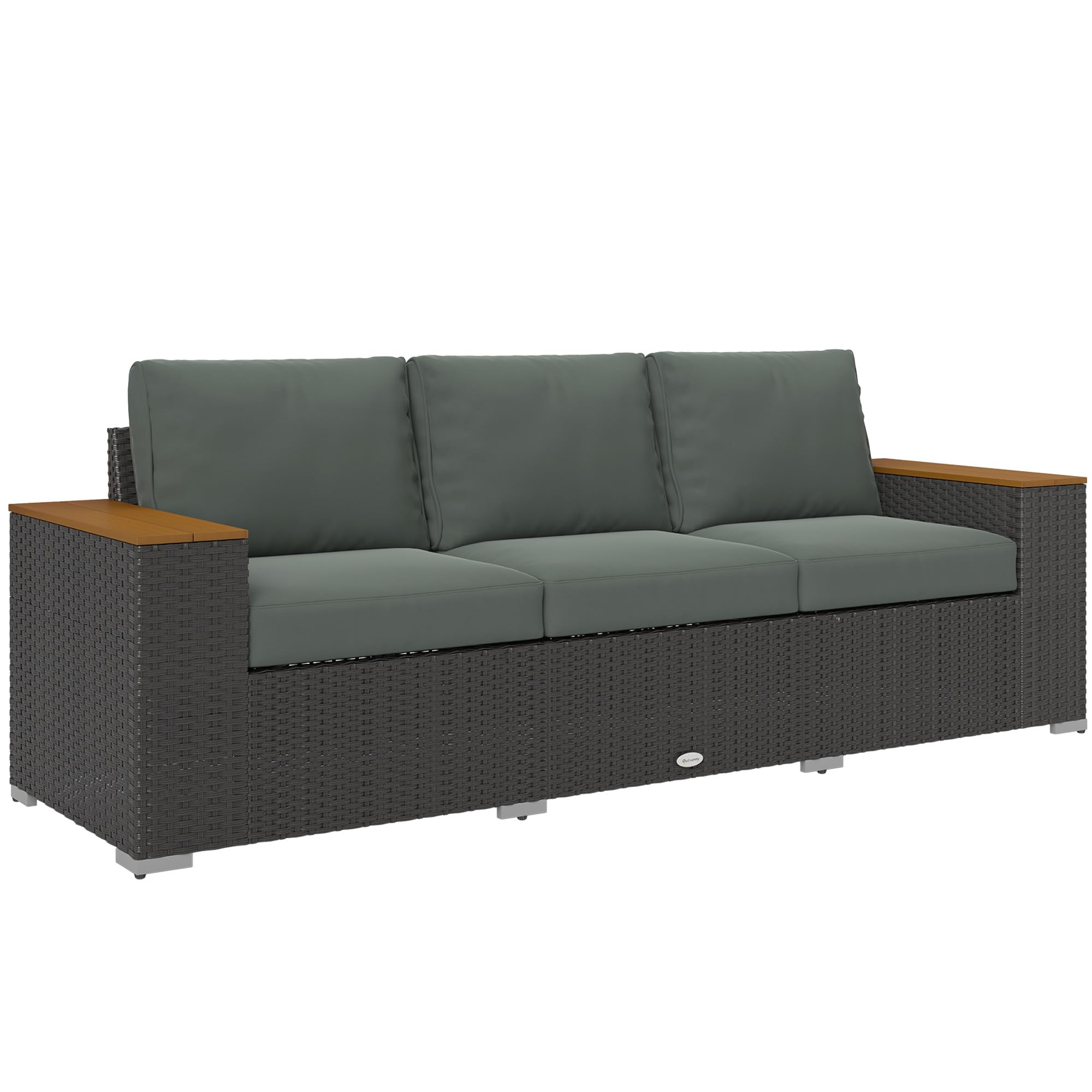 Outsunny 3-Seat Outdoor Patio Sofa with Cushions, PE Rattan Wicker Sofa with Wood Grain Wide Armrests, Outdoor Wicker Couch for 