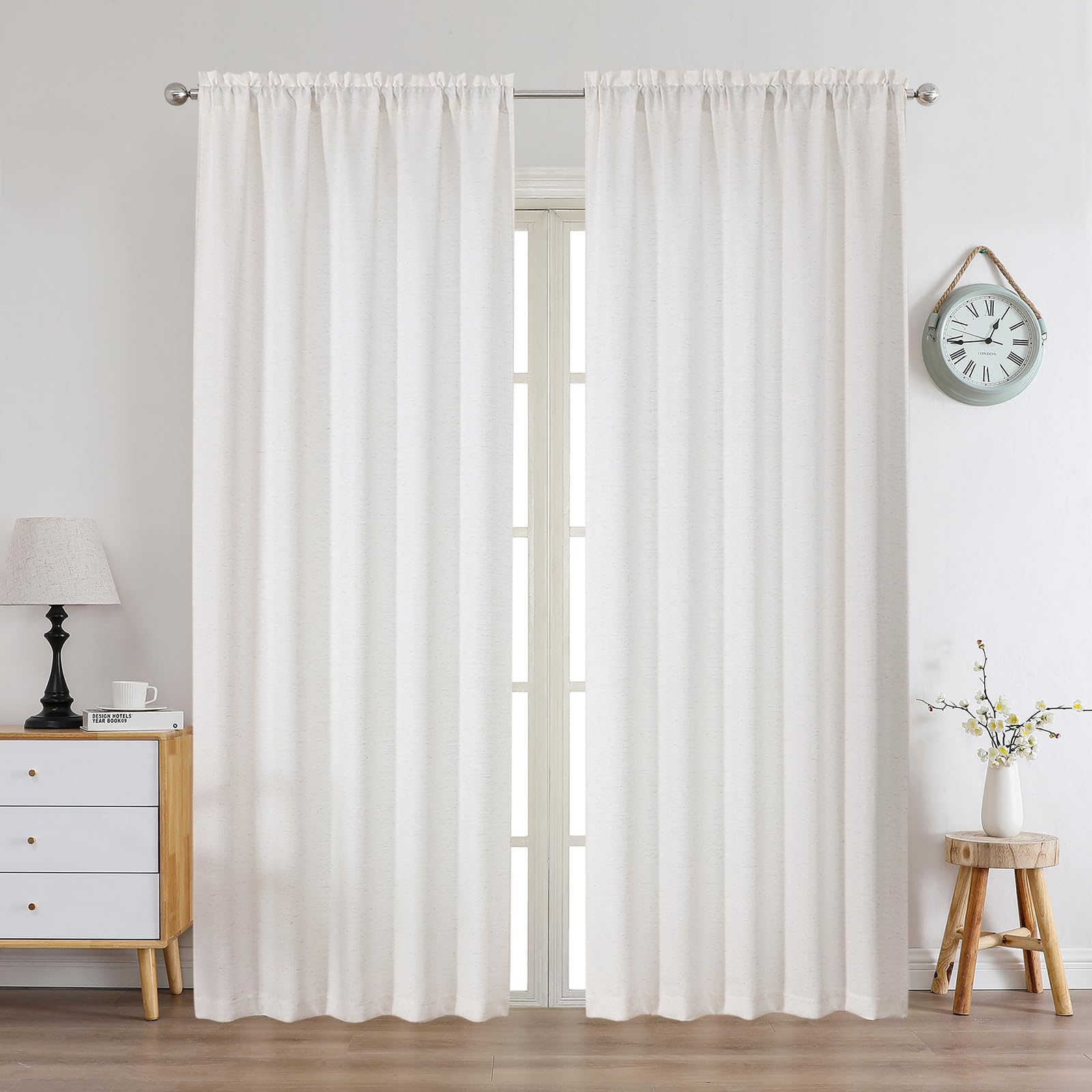 Chyhomenyc Natural Curtains 90 Inch Length 2 Panels Set, Faux Linen Textured Semi Light Filtering Soft Airy Farmhouse Window Cur