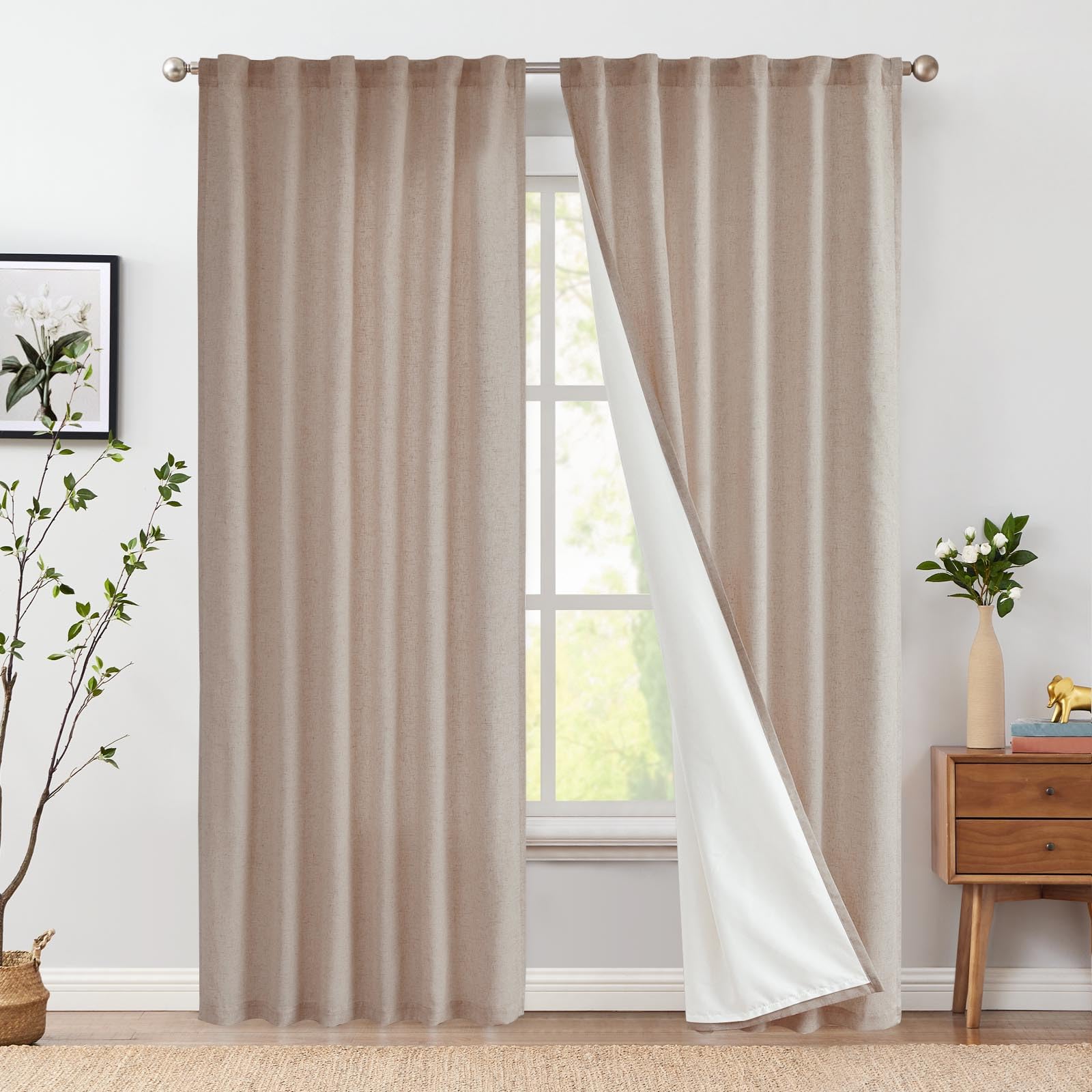 jinchan Linen Curtains 84 Inch Long for Living Room Farmhouse Rod Pocket Back Tab Light Filtering Window Drapes with Lined for B