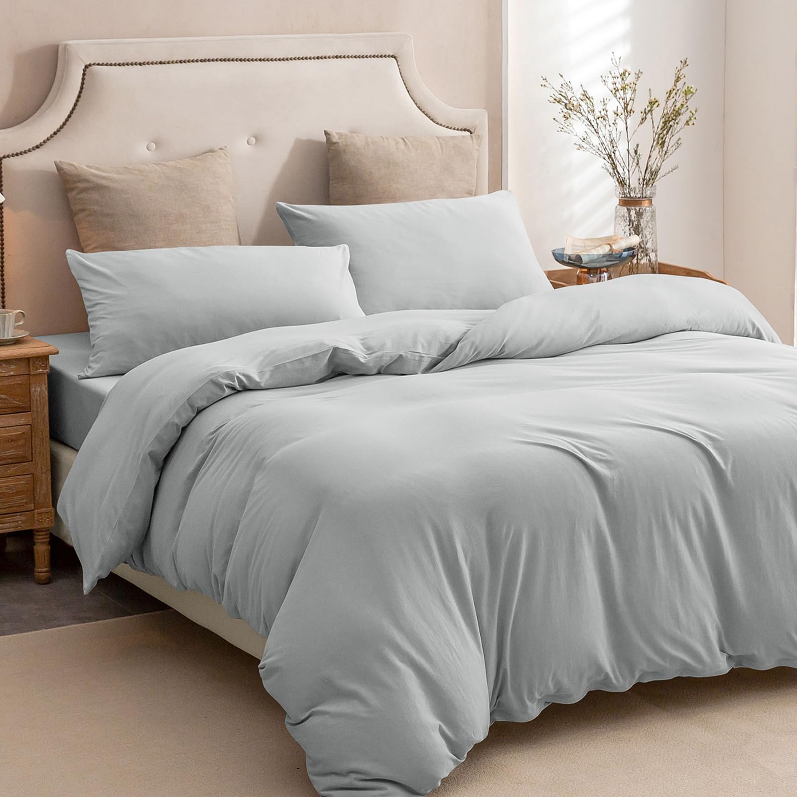 PURE ERA Jersey Knit Duvet Cover Set 100% T-Shirt Cotton Super Soft Comfy 3pc Bedding Set with Zipper Closure (Solid Light Grey,