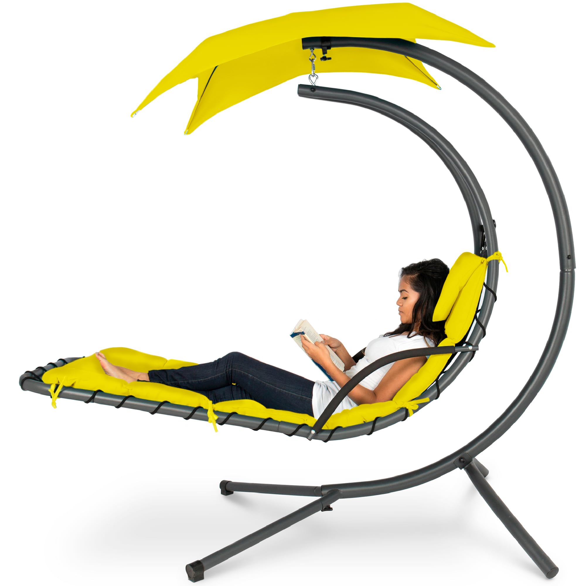 Best Choice Products Outdoor Hanging Curved Steel Chaise Lounge Chair Swing w/Built-in Pillow and Removable Canopy - Yellow