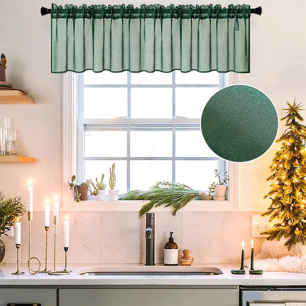 MIULEE Dark Green Sheer Valance Linen Textured Look Half Window Curtain, Farmhouse Small Drape for Kitchen Cafe Living Room Rod 