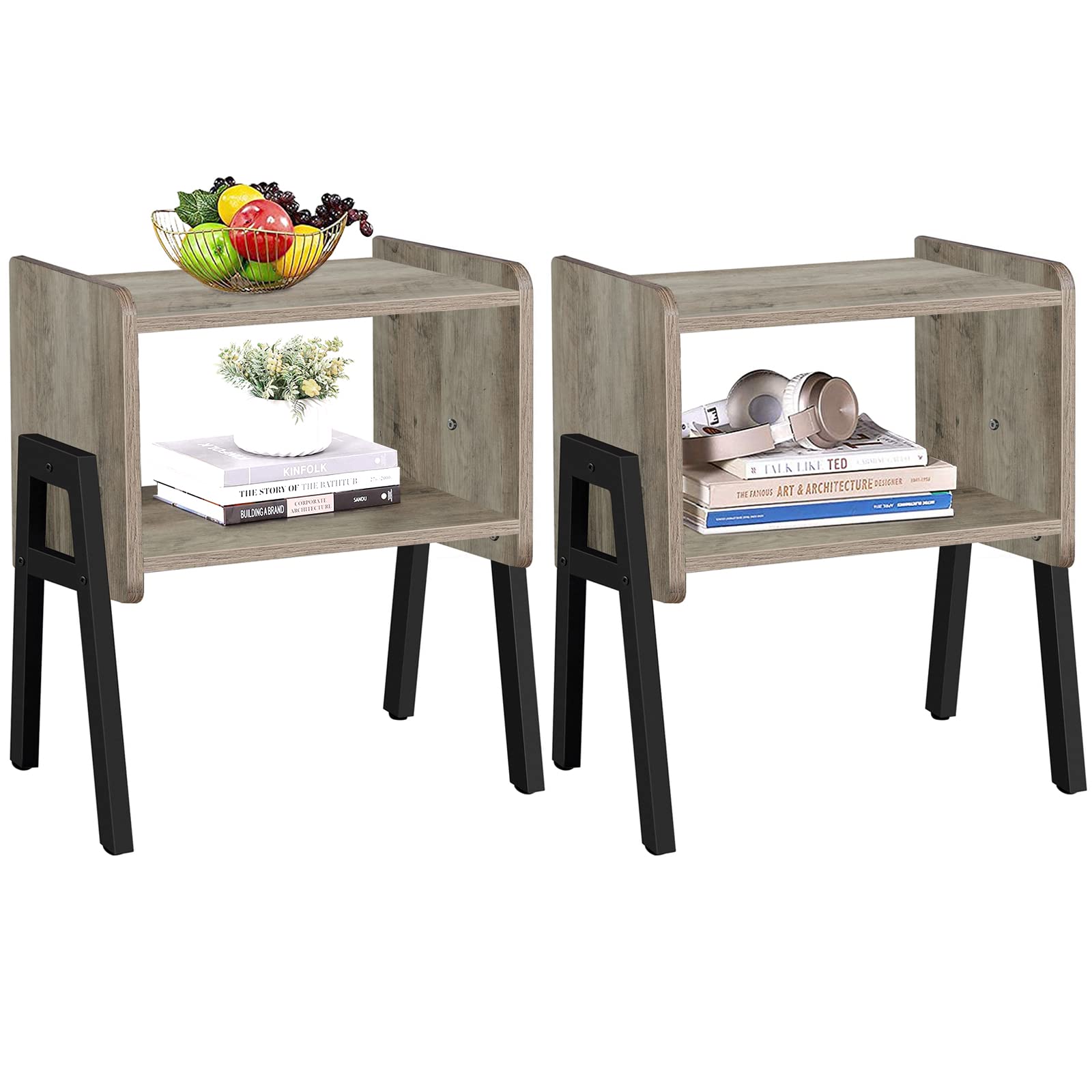 TUTOTAK Nightstnd, Set of 2, Stackable End Tables, Side Table, Bedside Tables with Open Storage Shelf, Bedroom, Living Room, Gre
