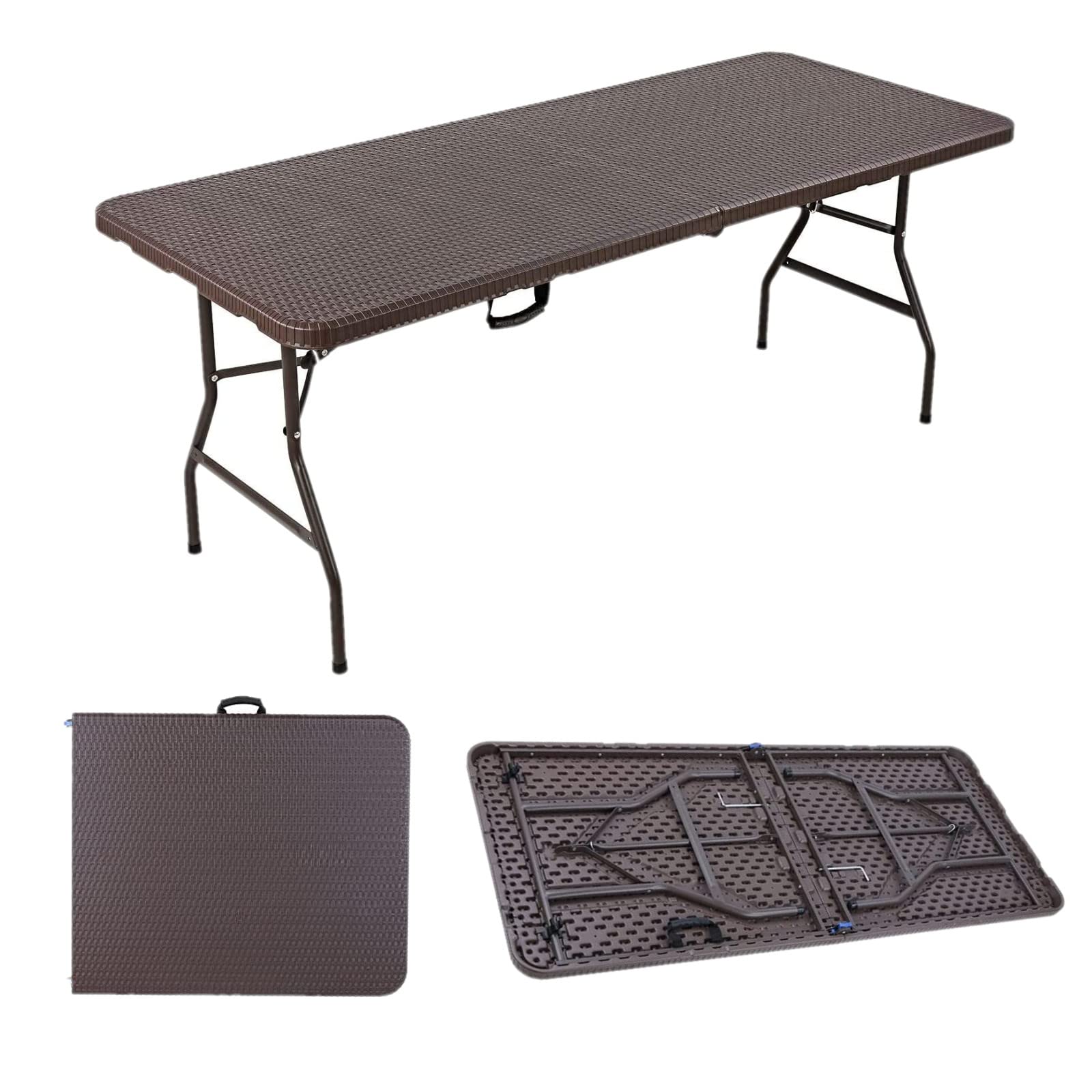 Folding Garden Table with Carry Handle Suitable for Camping and Party 180 x 76 x 73 cm for 8 People Rattan Look Plastic Steel Fr