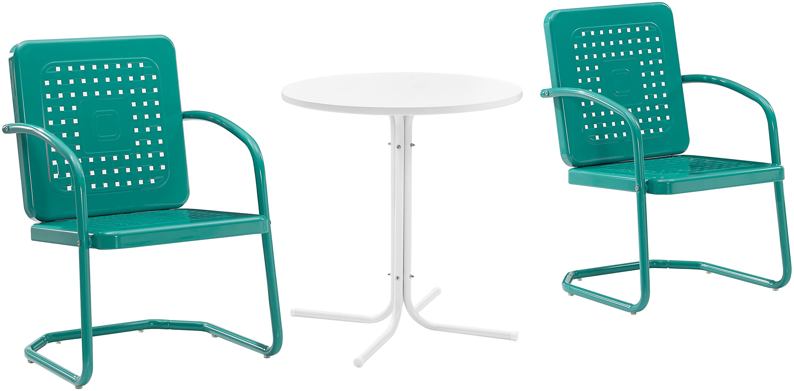 Crosley Furniture Bates 3-Piece Outdoor Bistro Set, Retro Metal Patio Table and Chairs for Dining, Porch, Turquoise Gloss and Wh