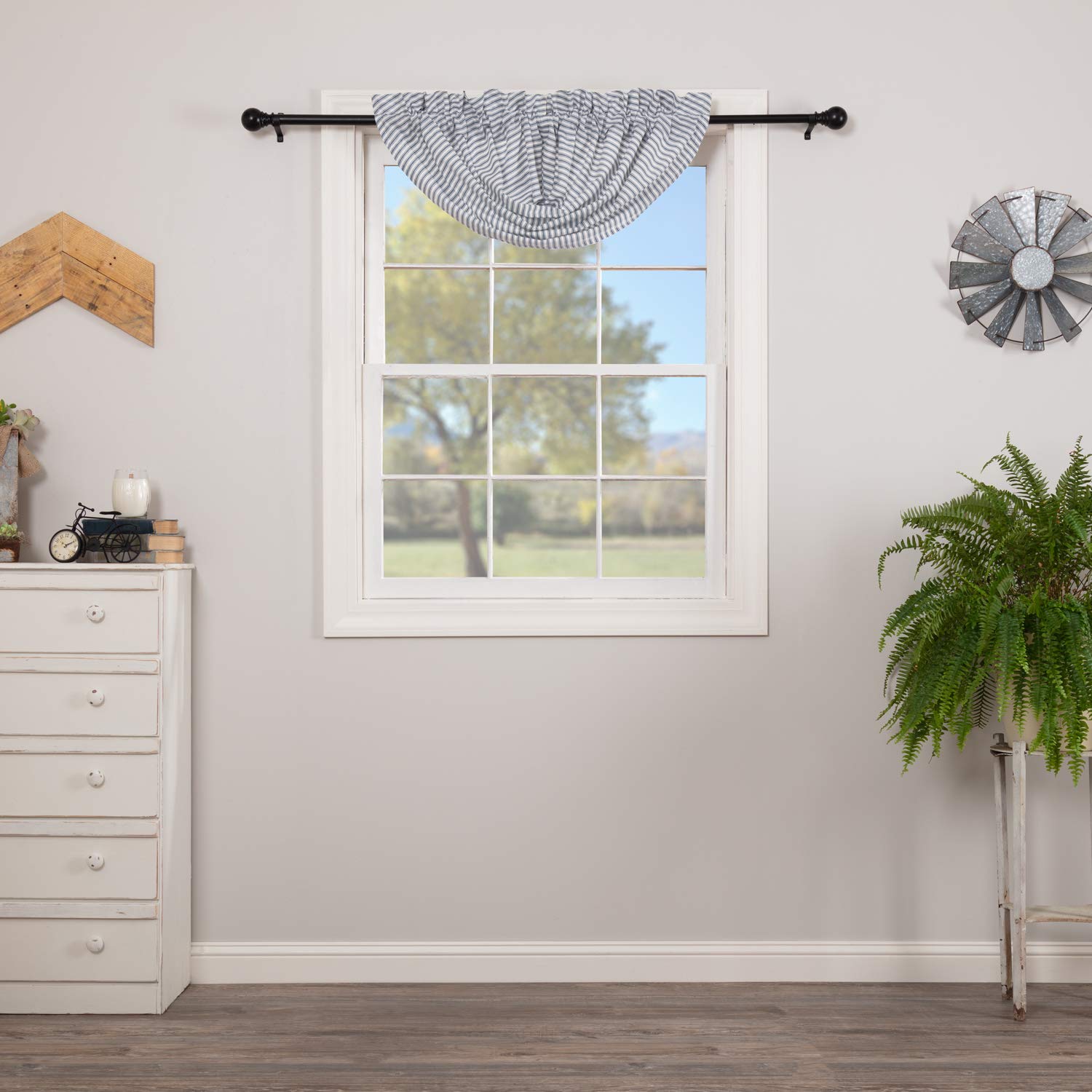 VHC Brands Sawyer Mill Blue Balloon Valance Lined Farmhouse Stripe for Kitchen or Dining Room Windows 15x60 Curtain