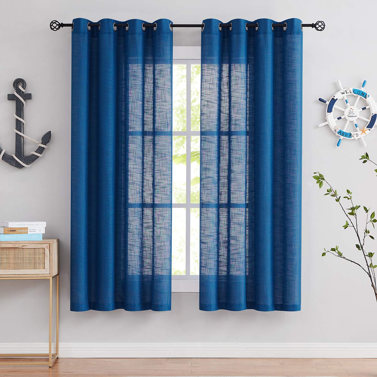 FMFUNCTEX Blue Semi Sheer Curtains for Living Room 63 Long Linen Textured Look No See Through Window Treatment Set for Bedroom N