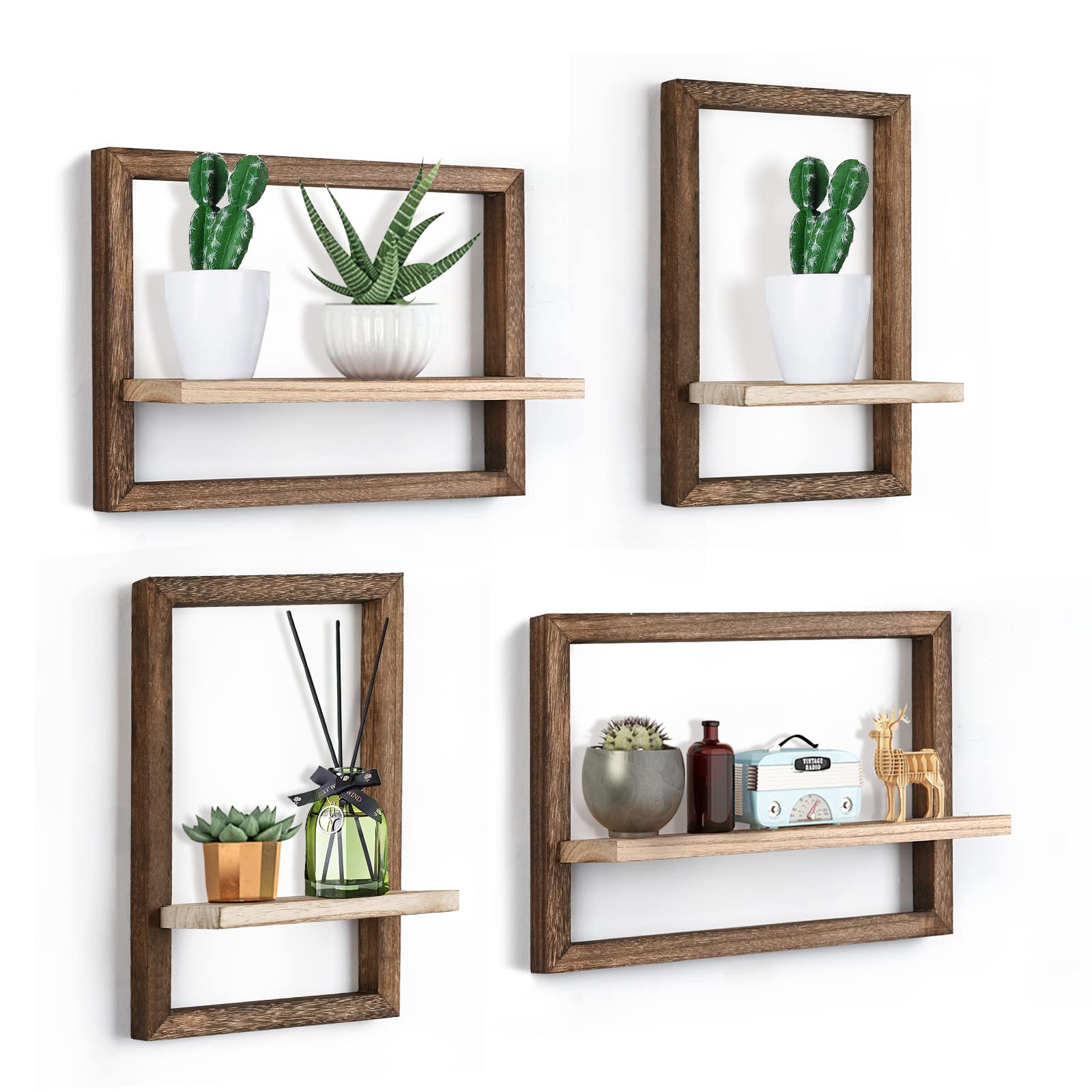 idee-home Floating Shelves Set of 4, Hanging Shelves for Wall Storage, Square Wall Shelf Decor for Bathroom and Living Room, Bro