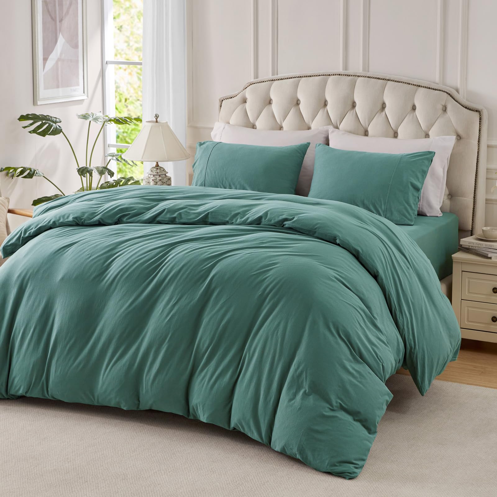 PURE ERA Jersey Knit Duvet Cover Set 100% T-Shirt Cotton Super Soft Comfy 3pc Bedding Set with Zipper Closure (Solid Teal Green,