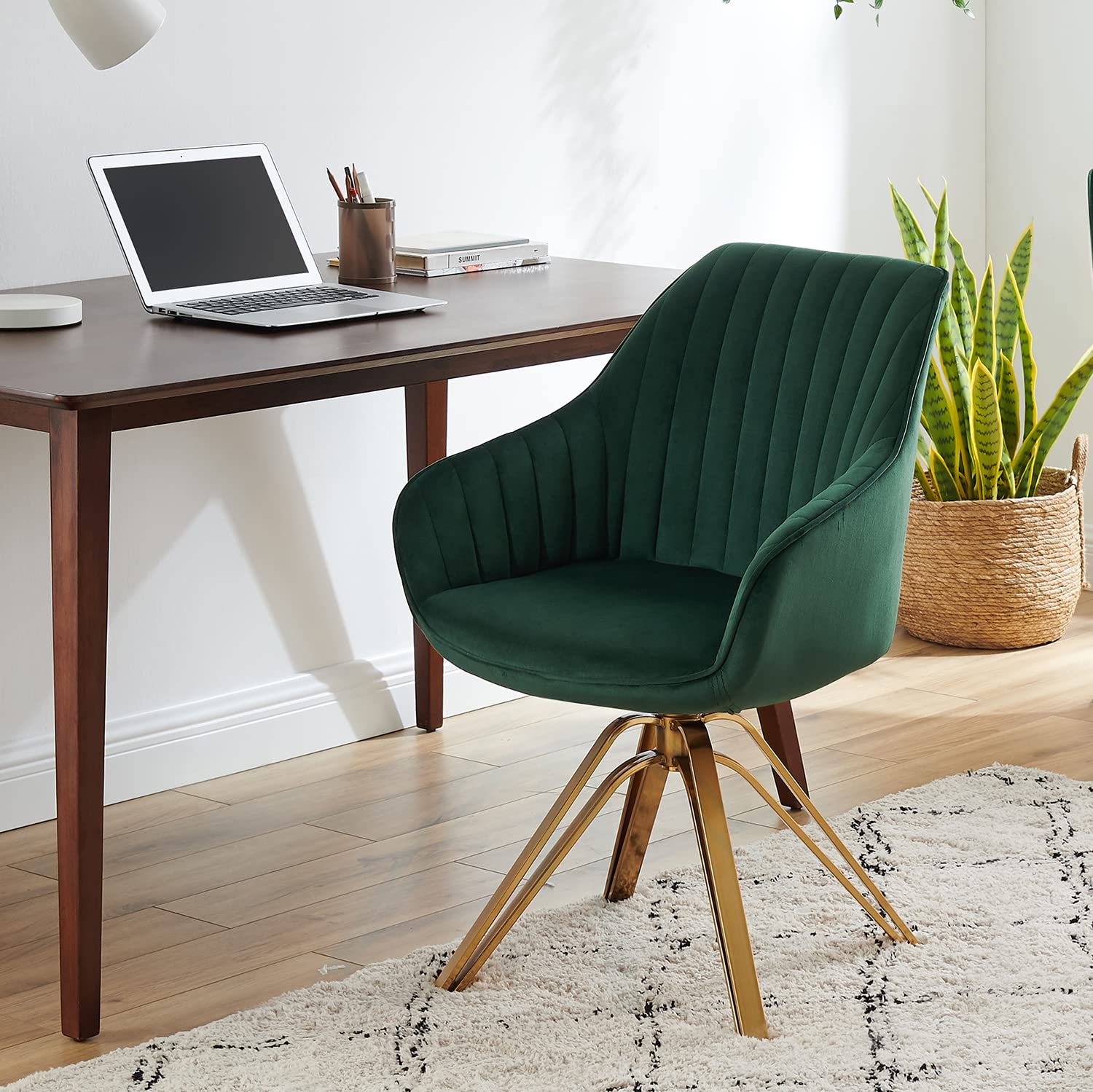 Volans Swivel Accent Chair, Mid Century Modern Desk Chair No Wheels, Upholstered Swivel Office Chair with Hollow Brushed Gold Pl