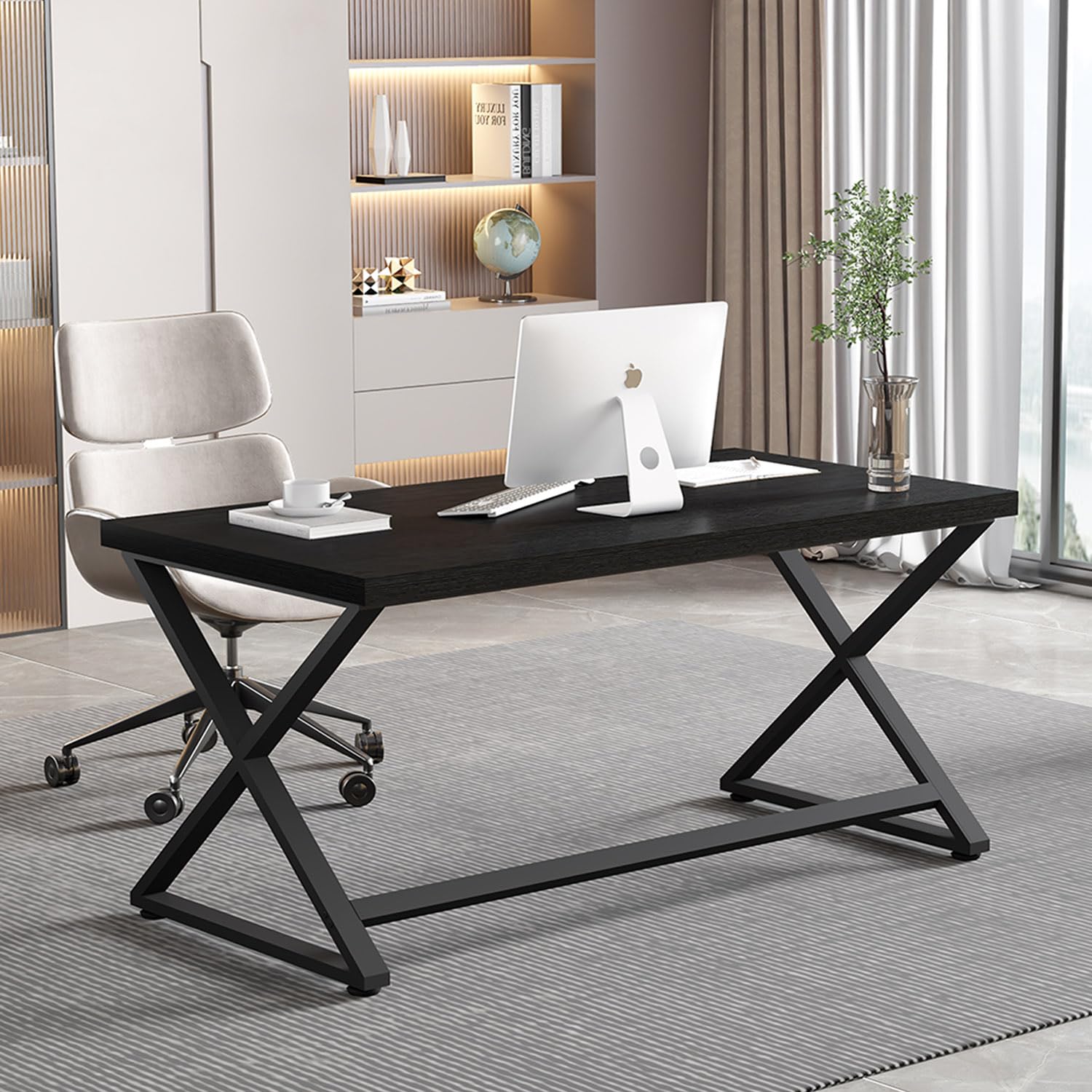 IBF Black Desk, Modern Computer Desk for Home Office, Industrial Simple Pc Gaming Writing Study Desk in Bedroom, Wood Metal Lapt