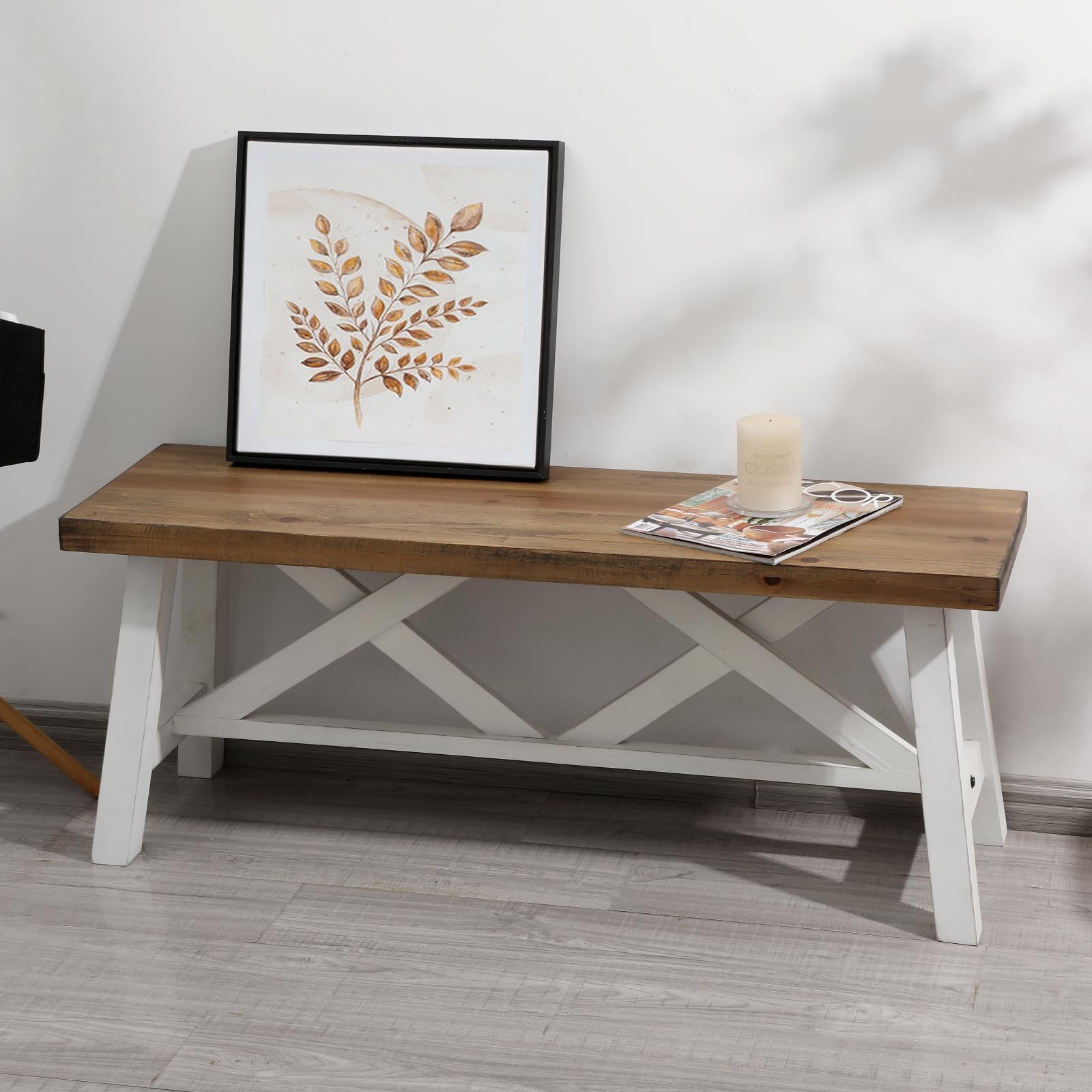 Wnutrees 43 Farmhouse Wood Bench, Rustic Solid Wood Entryway Bench Seat with Double X-Structure for Dining Room, Living Room, Ha