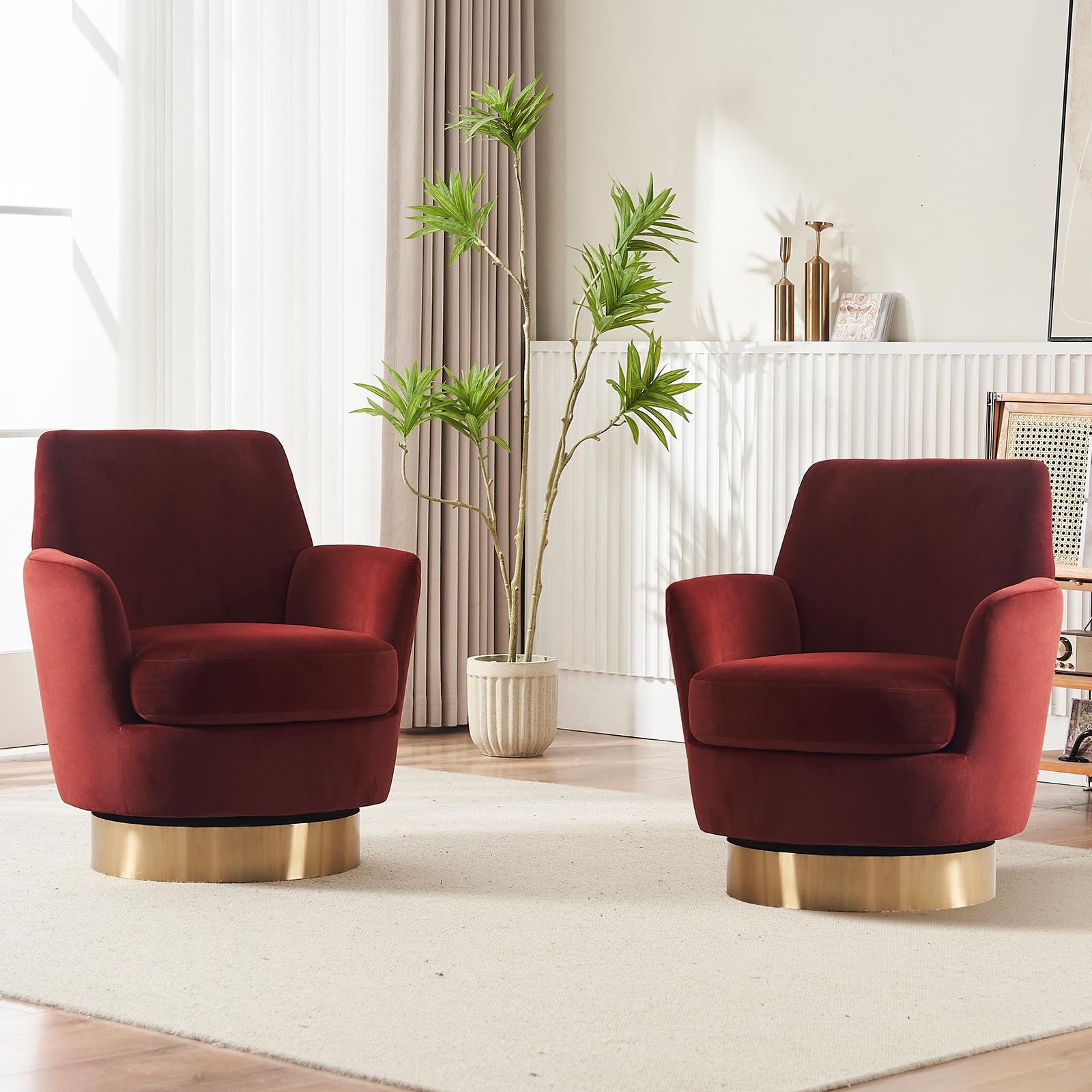 LUCKHAO Swivel Barrel Chair Set of 2,Modern Velvet Upholstered Round Swivel Accent Chairs with Tall Backrest,360 Degree Single S