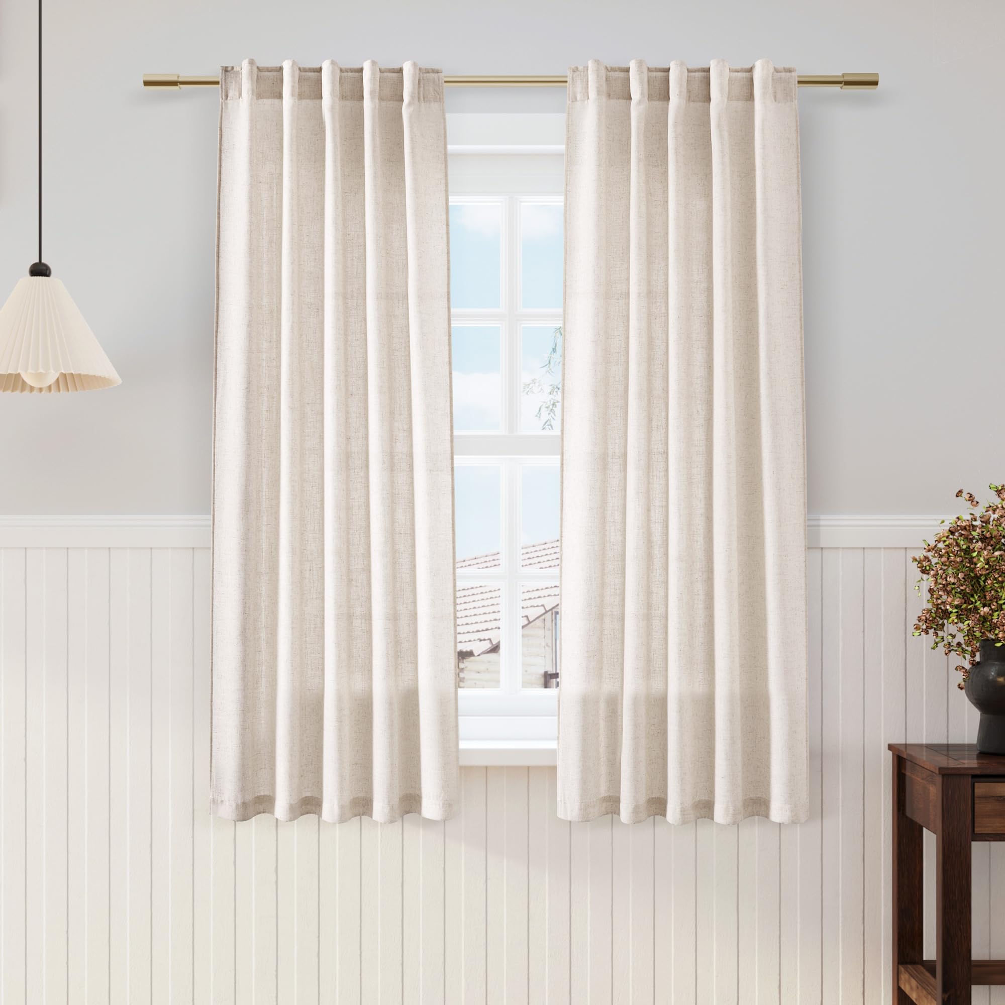 Nanspring Beige Linen Curtains 63 inches Long for Bedroom Back Tab Sheer Beige Curtains Modern Farmhouse Coastal Decor Cotton Te