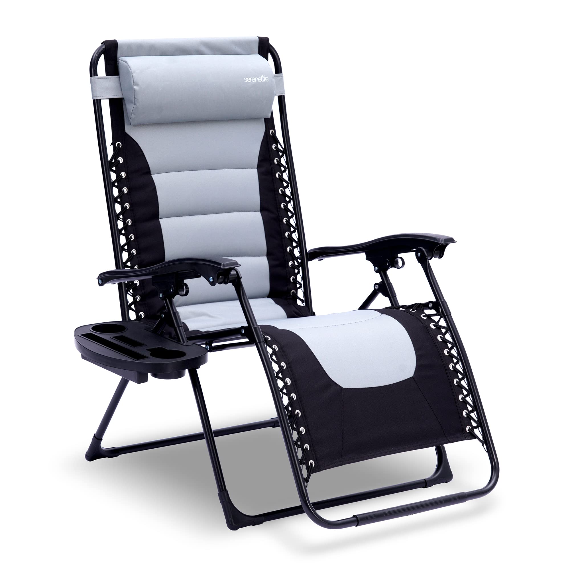 SereneLife SL1ZGRCP21.5 Outdoor Foldable Padded Zero Gravity Lawn Chair-Adjustable Recliners with Plastic Cup Holder Side Table 