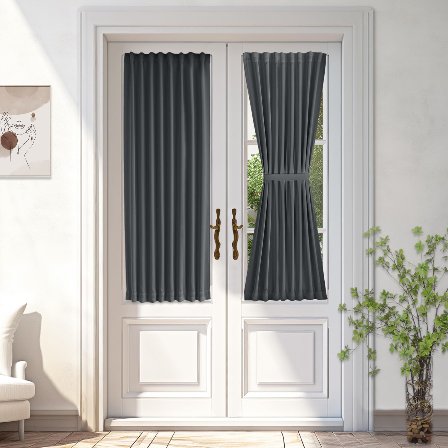 Vatge Gray French Door Curtain - Rod Pocket Blackout Door Curtains Privacy Side Door Window Curtains with Tieback, 1 Panel, W25 