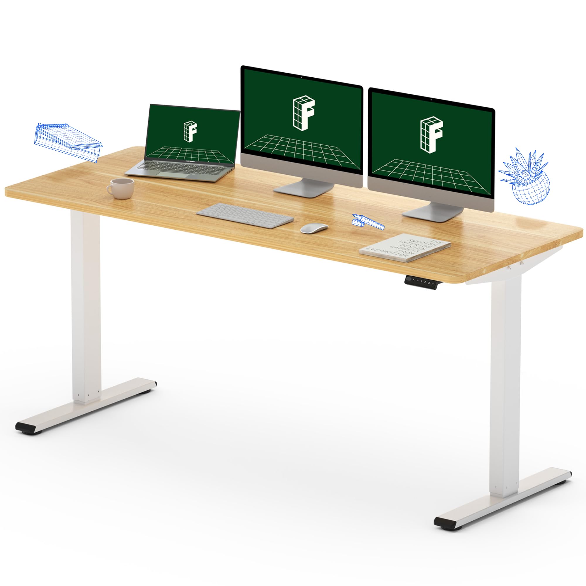FLEXISPOT EN1 Electric Stand Up Desk Workstation 60 x 24 inch Whole-Piece Desktop Ergonomic Memory Controller Height Adjustable 