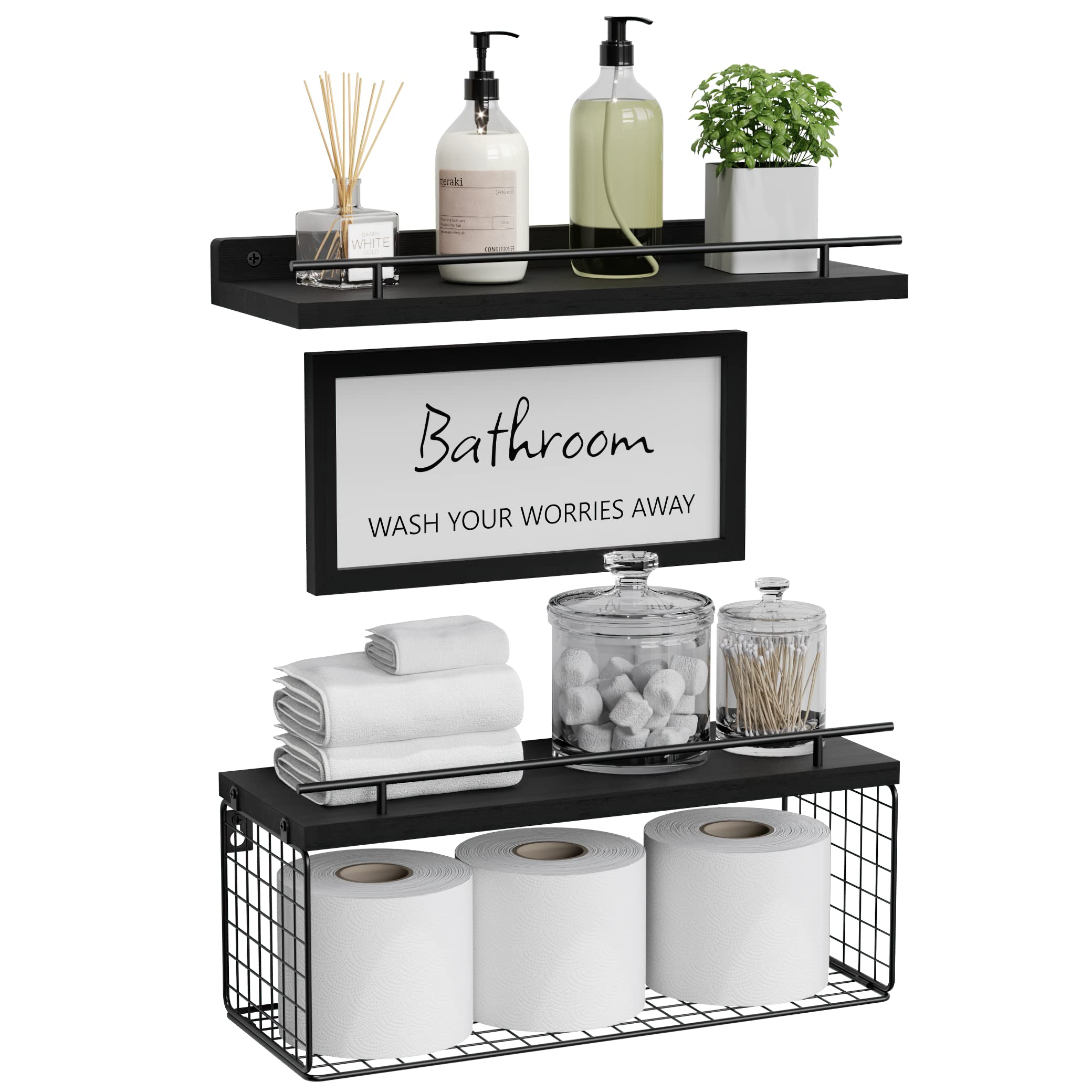 WOPITUES Floating Shelves with Bathroom Wall D   cor Sign,Wood Floating Bathroom Shelves Over Toilet with Toilet Paper Storage B