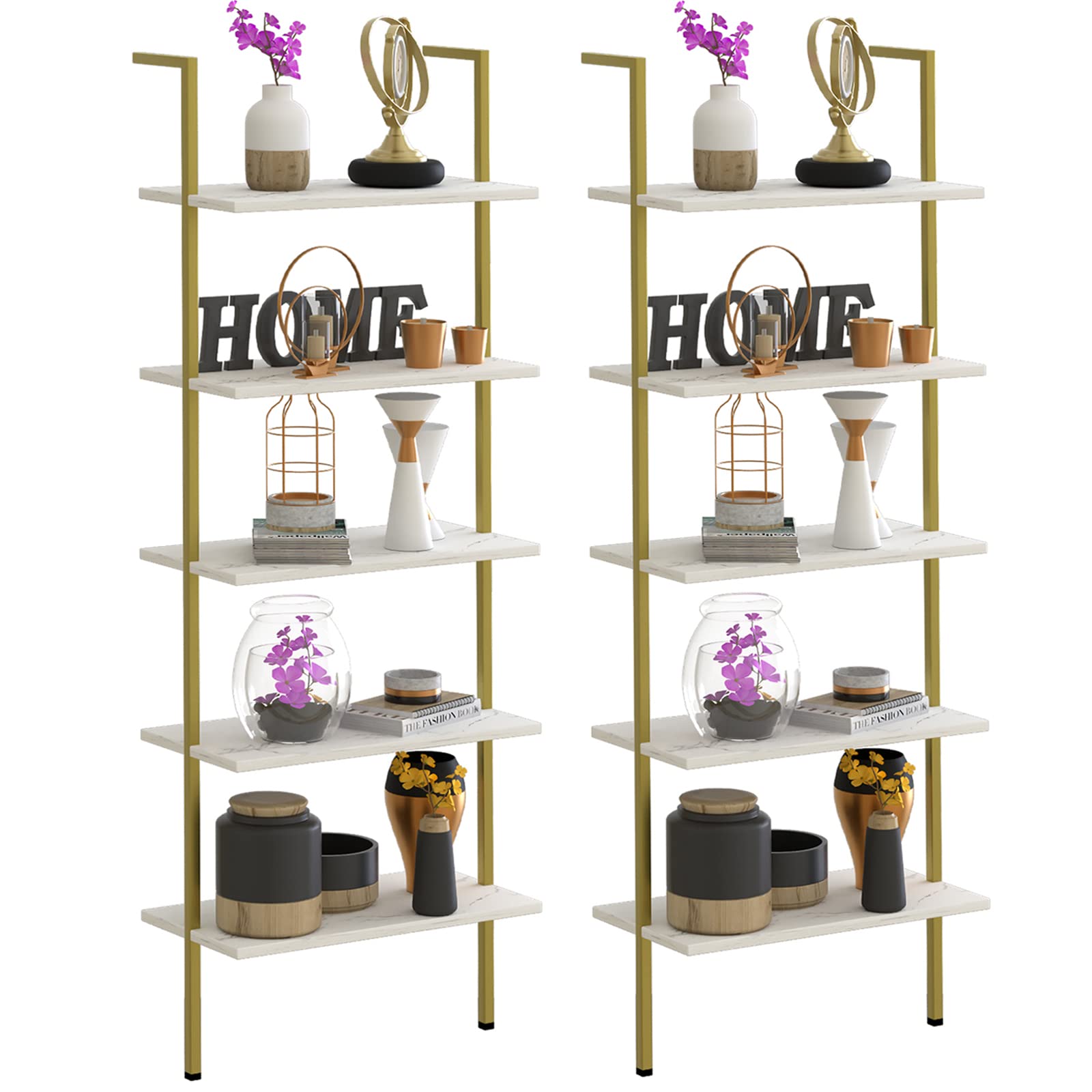 Wolawu 5 Tiers Ladder 2-Piece Shelf White Marble Modern Bookshelf Open Tall Wall Mount Bookcase Standing Leaning Wall Shelves In